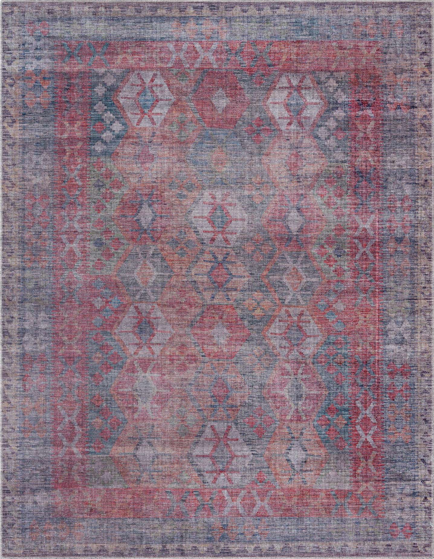 A 7x10 rectangular Sisu rug with a distressed traditional tribal pattern in blues, browns, and reds.
