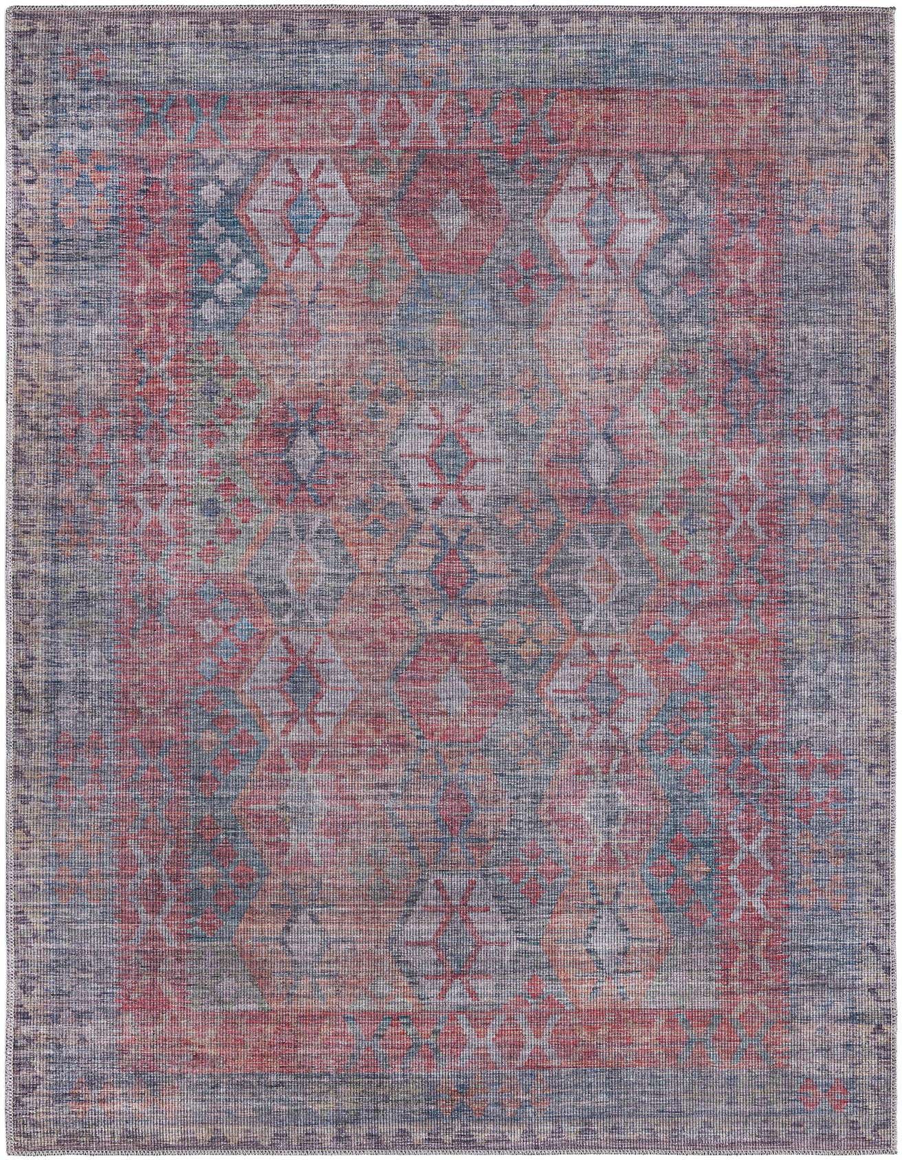 A 5x8 rectangular Sisu rug with a distressed traditional tribal pattern in blues, reds, and tans.