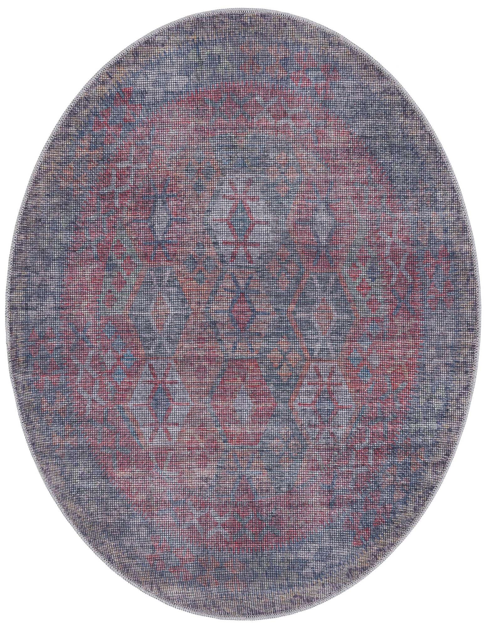 A 4' 0 x 4' 0 round Sisu rug featuring a distressed traditional pattern in shades of blue, red, and brown.