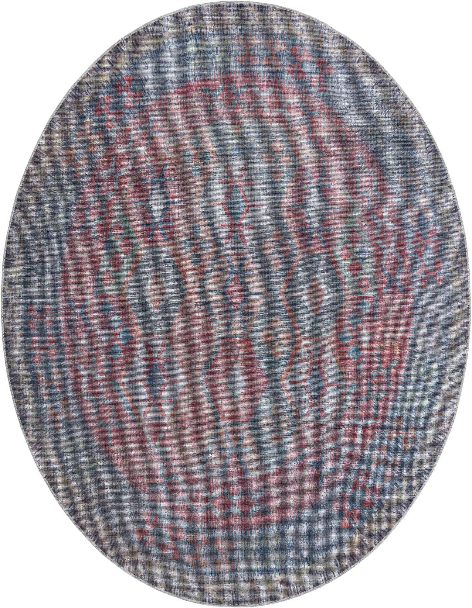 A 7' 10 round blue and brown traditional tribal rug with a distressed vintage abstract pattern.