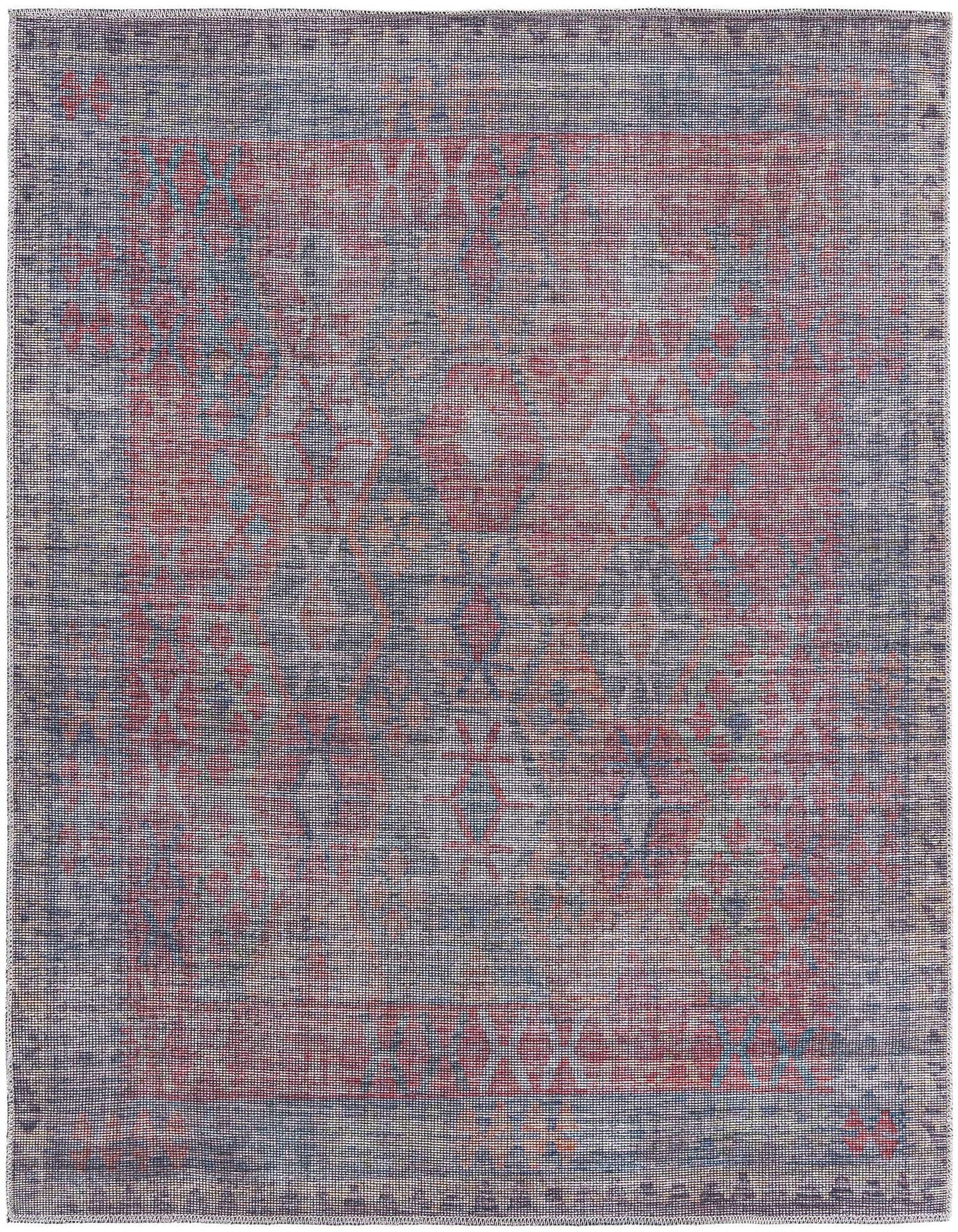 A 5' 3 x 5' 3 square Sisu rug featuring a distressed traditional tribal pattern in muted blues, browns, and tans.