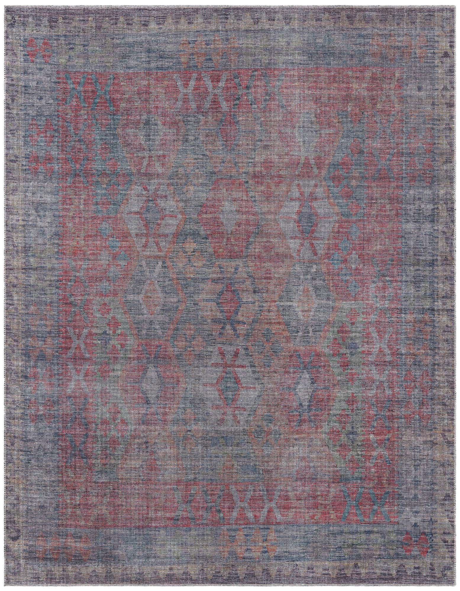 A 7' 3 x 7' 3 square Sisu rug featuring a faded traditional tribal pattern in blues and browns/tans, with a flat, textured pile.