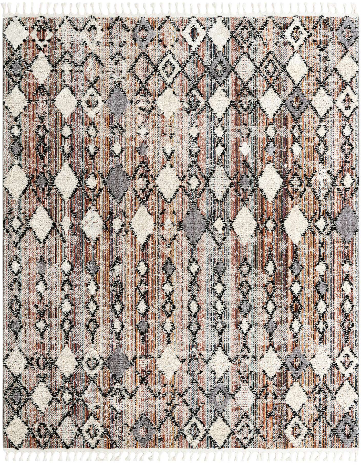 A rectangular 8x10 Rust Multi tribal rug with a textured pile, featuring a pattern of white and gray diamonds over a striped background.