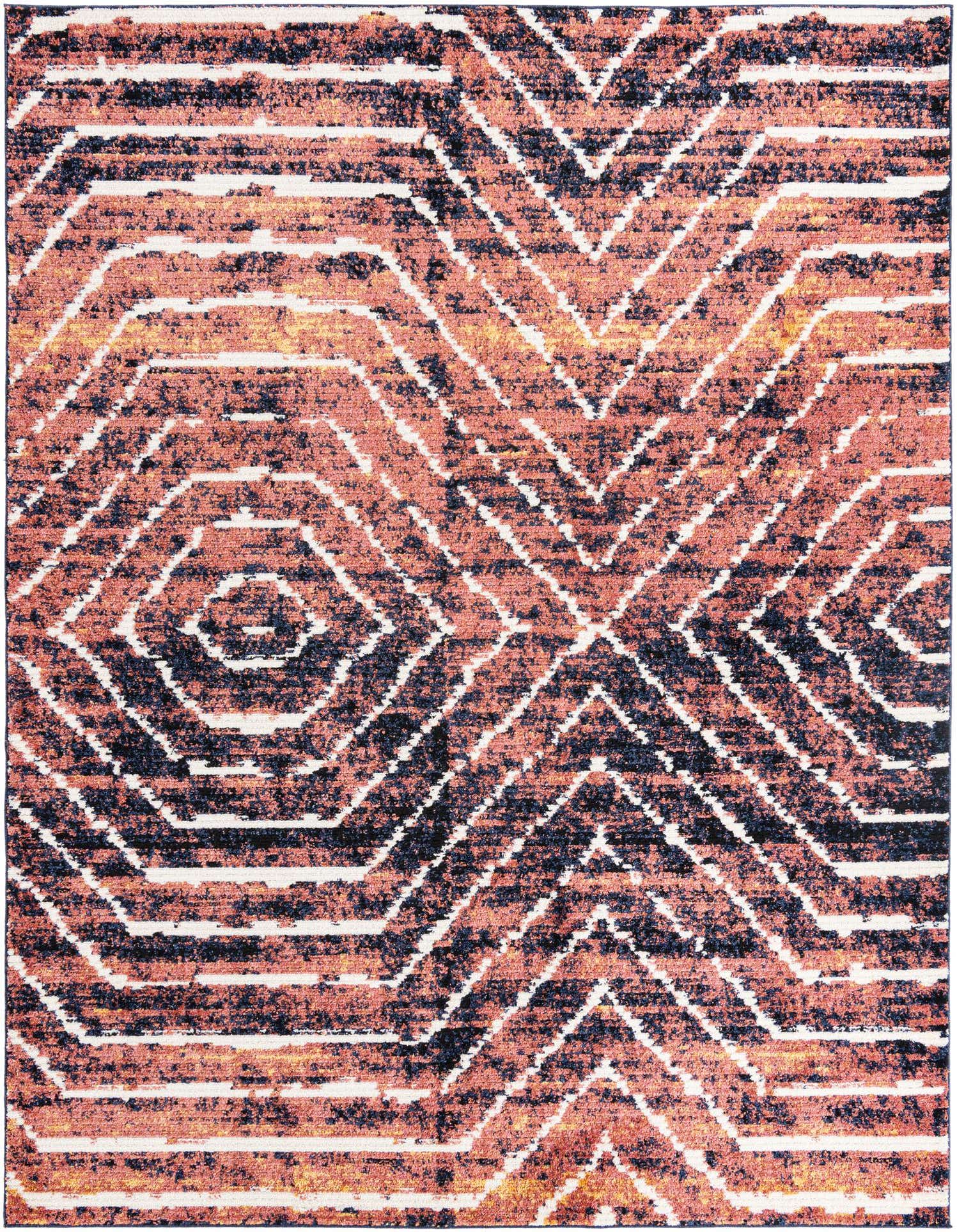 A 10x13 rectangular Tagine rug featuring a modern geometric stripe pattern in brown, orange, and tan, with a textured pile.