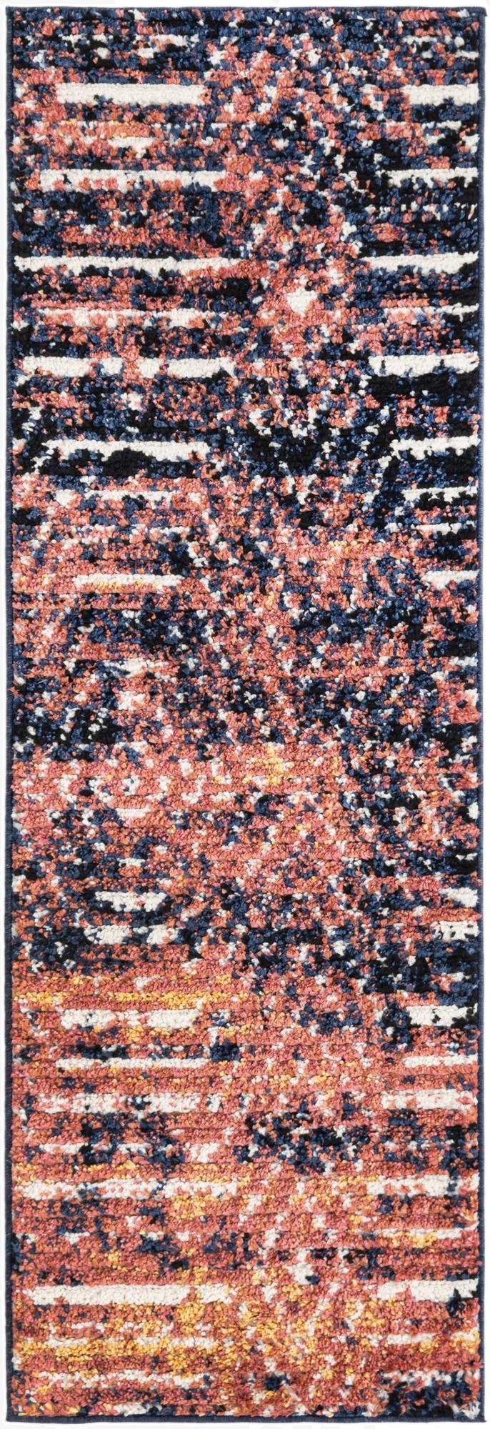 A 6 ft runner rug with a modern stripe pattern in shades of brown, orange, navy, and white.