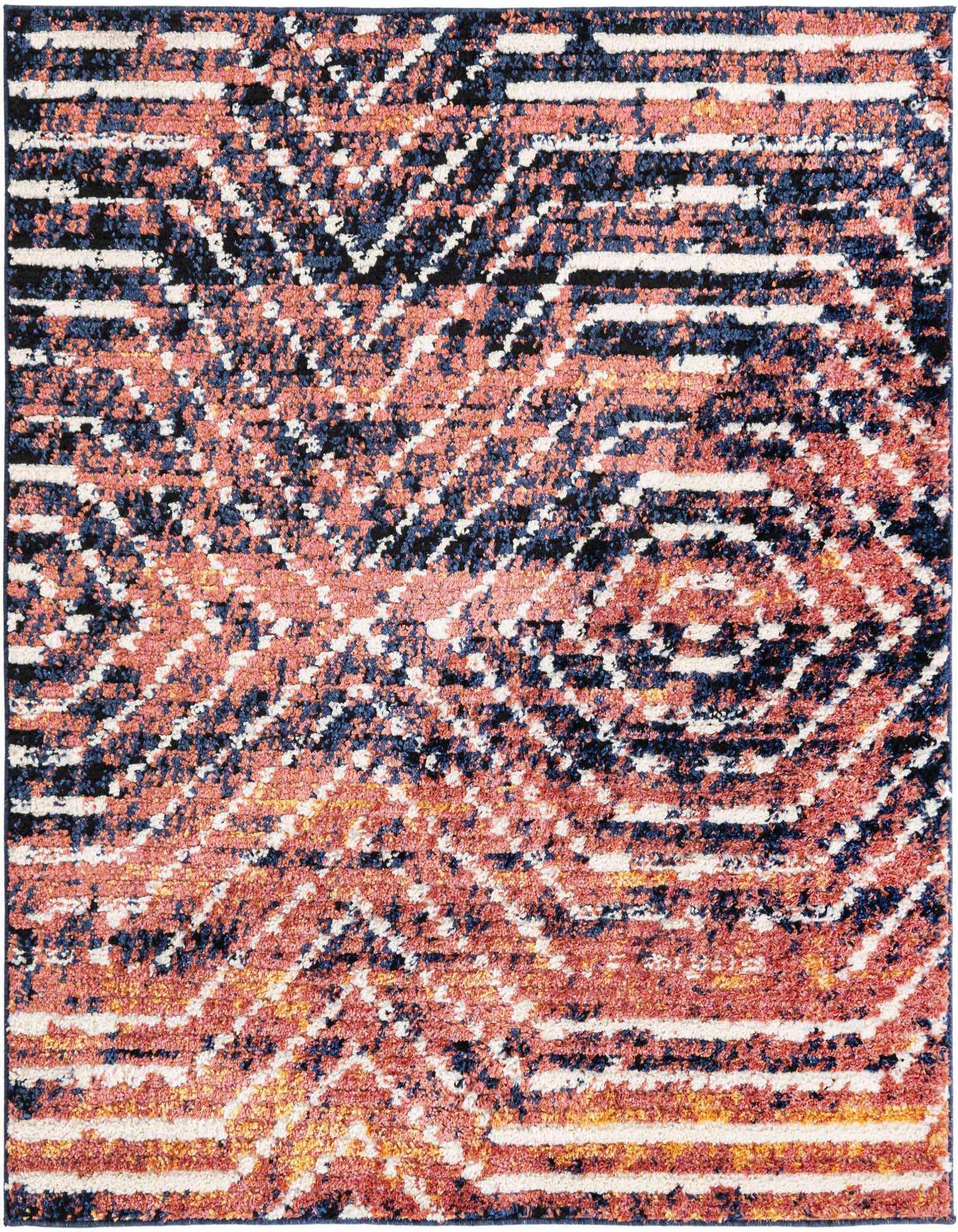 A 5' 3 x 5' 3 square modern rug featuring a textured pattern of brown, orange, navy, and white stripes and geometric shapes.