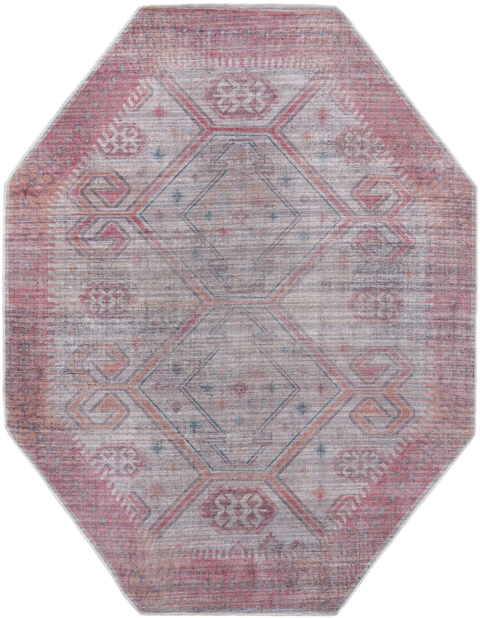 Octagon-shaped Sisu rug in rust red and beige with a Southwestern tribal pattern, featuring a vintage, abstract design.
