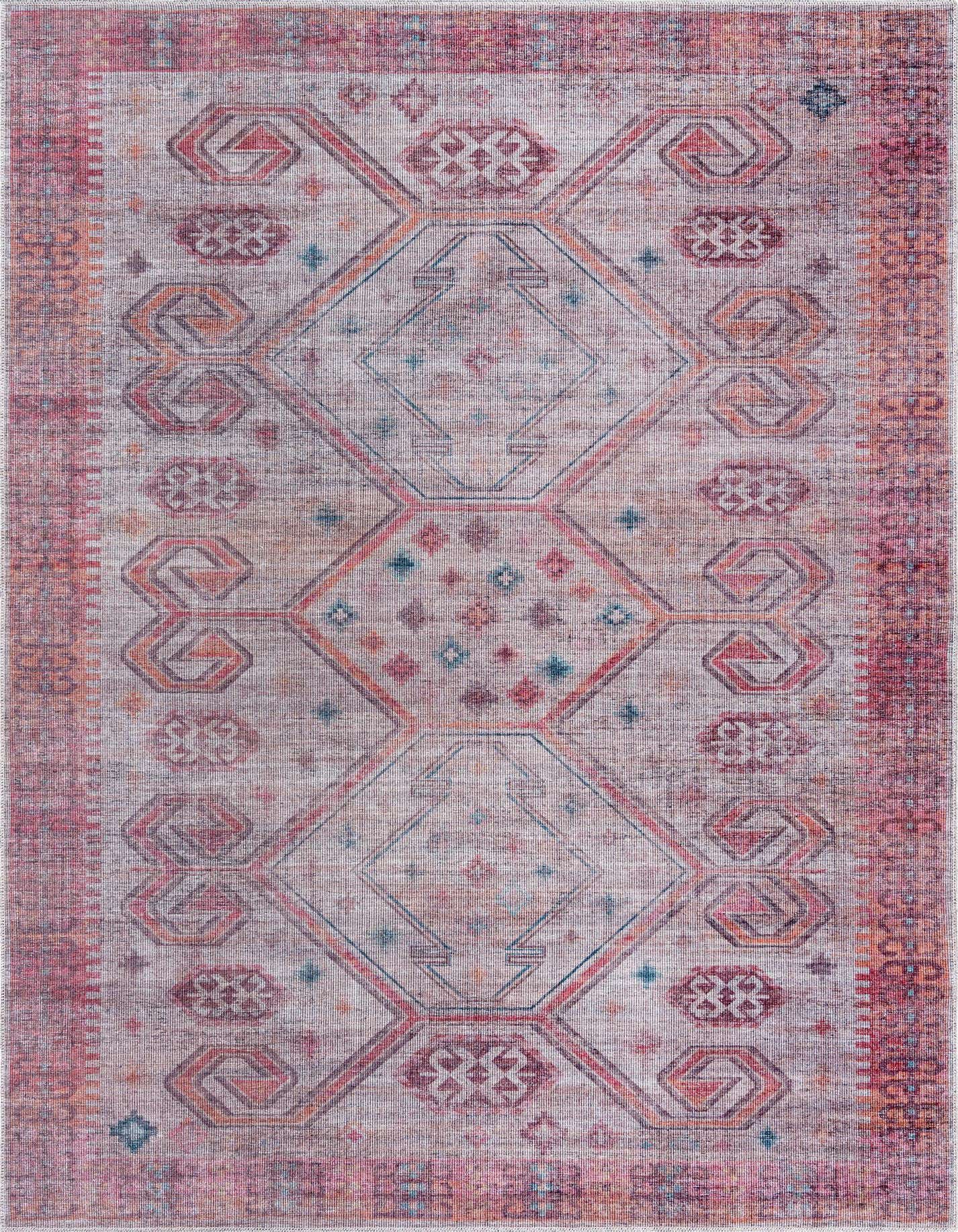 A 7x10 rectangular flatweave rug with a Southwestern tribal pattern in rust red, beige, and subtle blue accents.