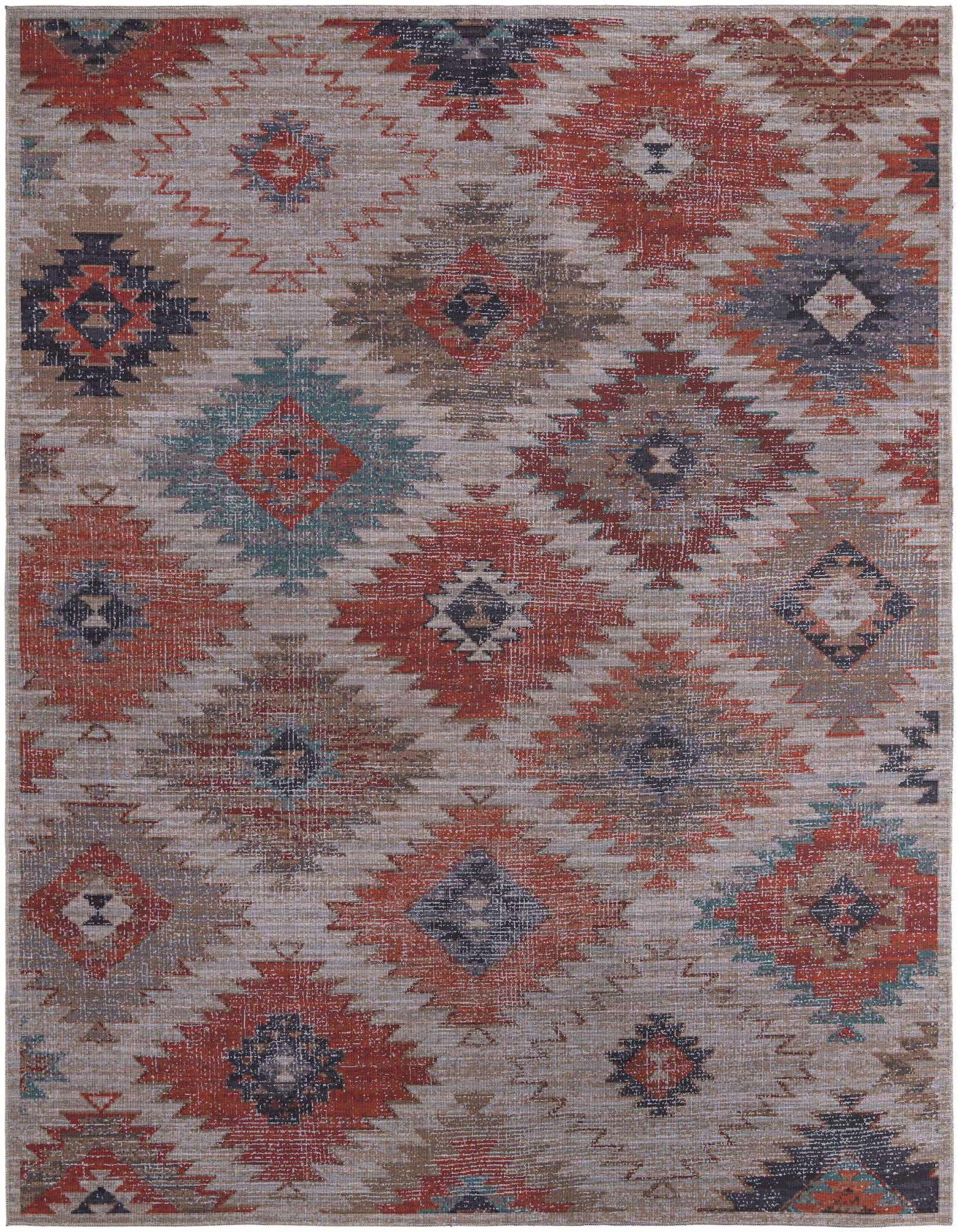 A 10x13 rectangular Rugs.com Sisu rug featuring a distressed Southwestern tribal pattern in rust red, beige, brown, and teal.