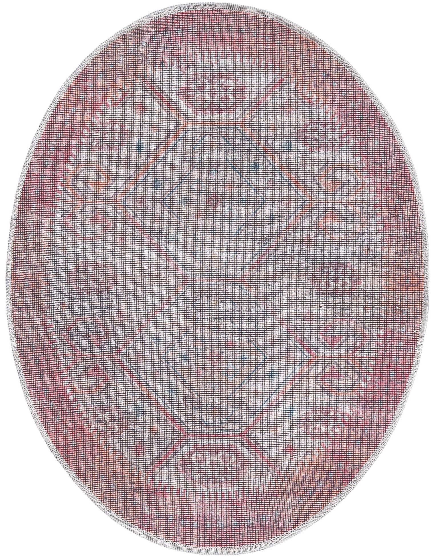 A 3' 3 x 3' 3 round Sisu rug featuring a faded rust red and beige Southwestern pattern with tribal motifs.