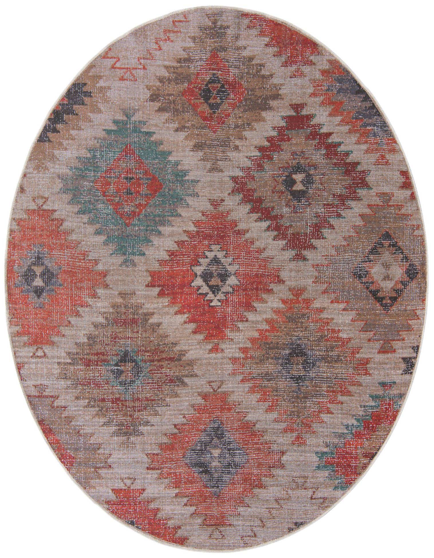 A round 7' 10" rust red and beige Southwestern rug featuring a distressed tribal pattern with geometric diamonds.