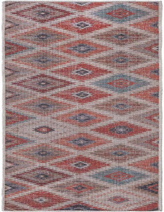 A long 8 ft runner rug featuring a Southwestern geometric pattern in rust red, beige, and hints of blue, ideal for a hallway.