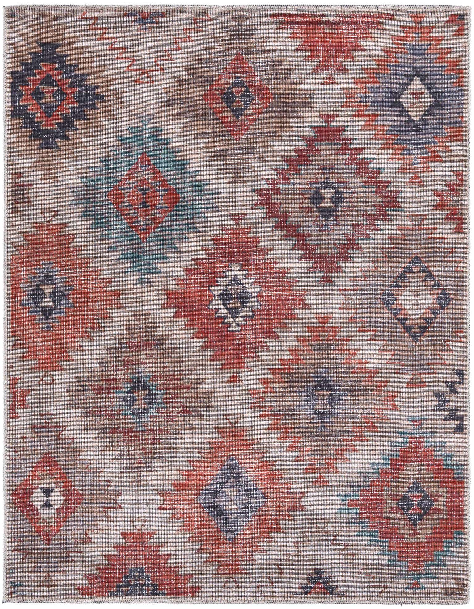 A 5' 3" square Sisu rug featuring a Southwestern tribal pattern in rust red, beige, and blue tones.