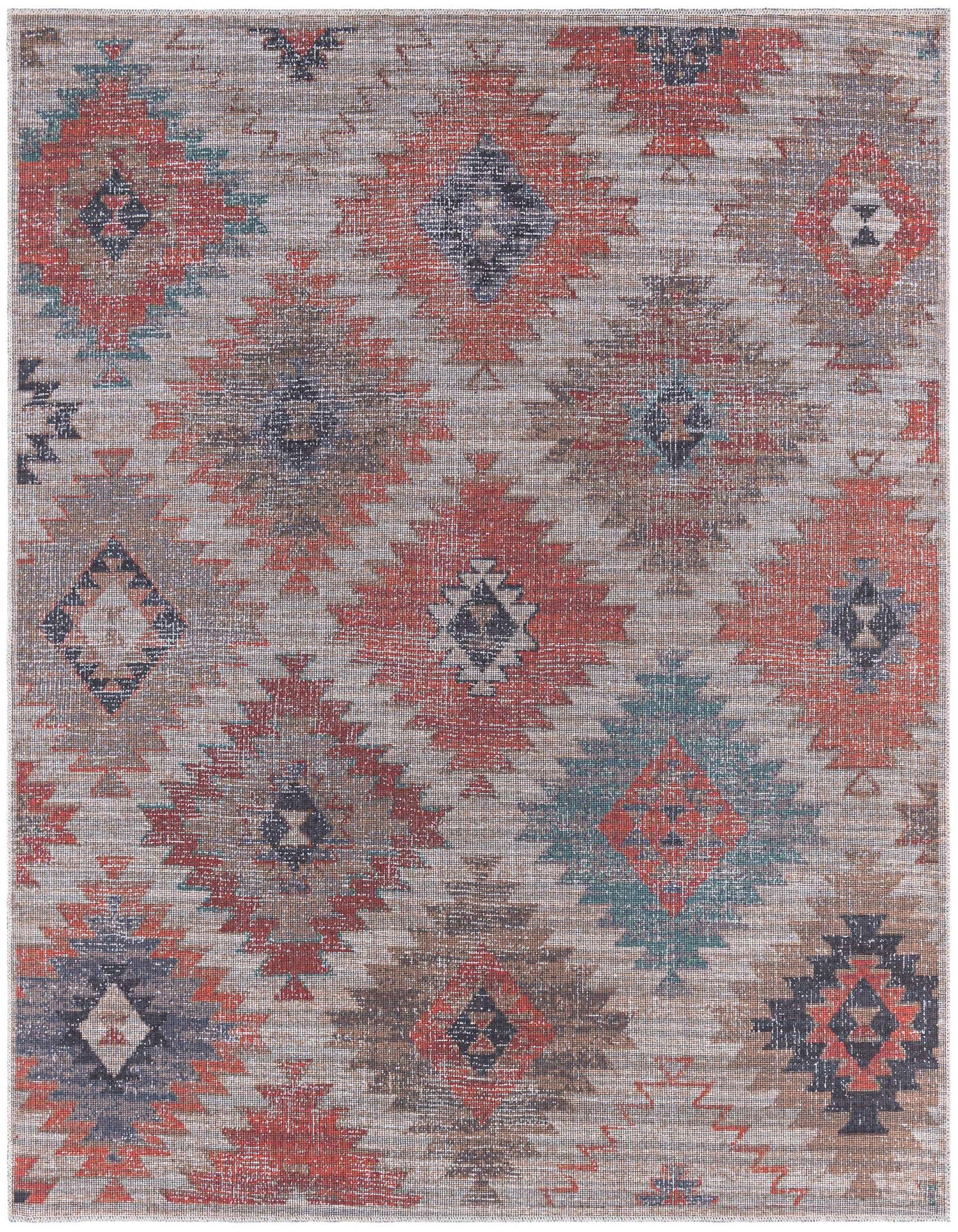 A 7' 3 x 7' 3 square Sisu rug featuring a Southwestern tribal pattern in rust red, beige, and blue tones.