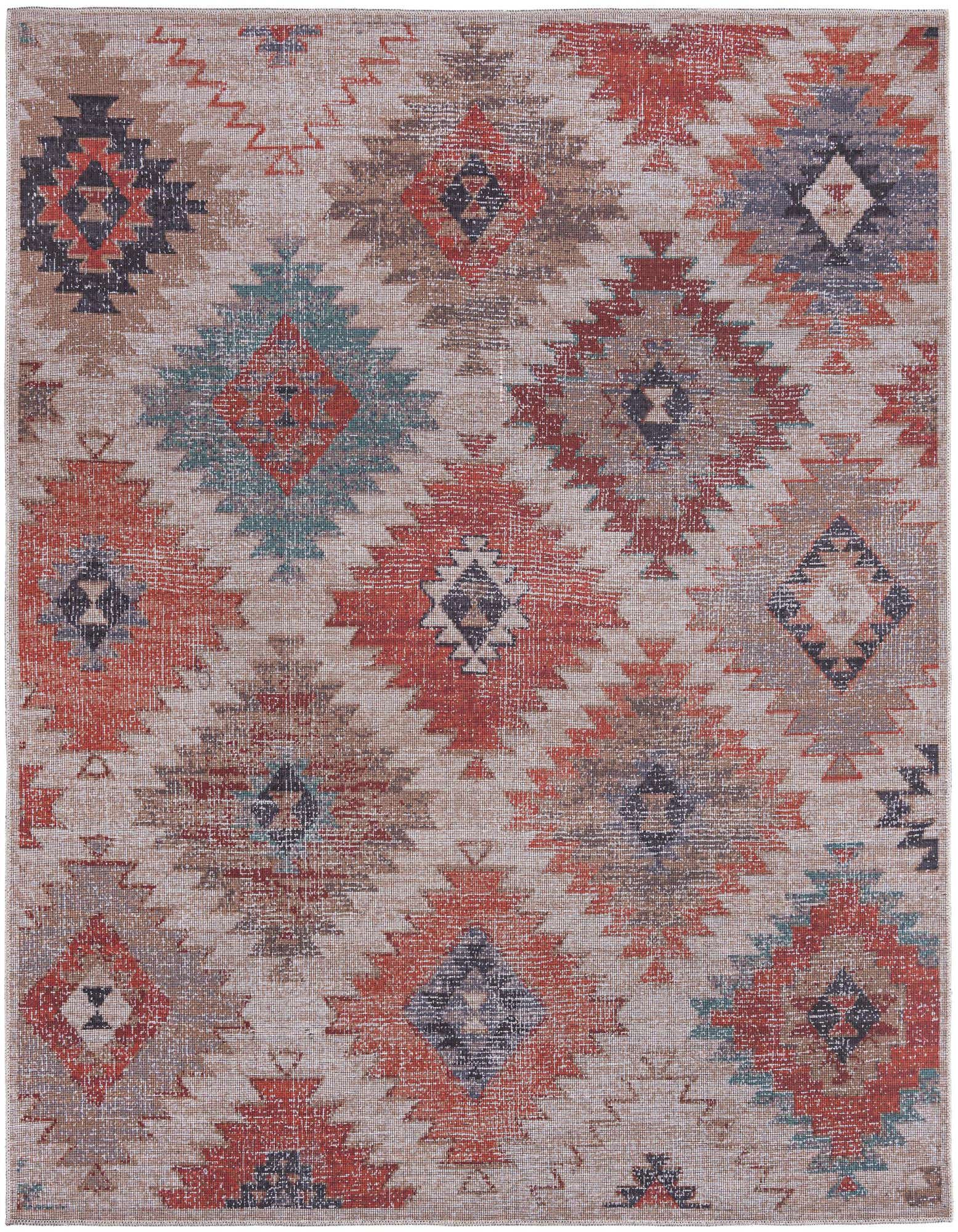 A square rust red and beige Southwestern rug with tribal patterns, featuring a vintage, distressed look.