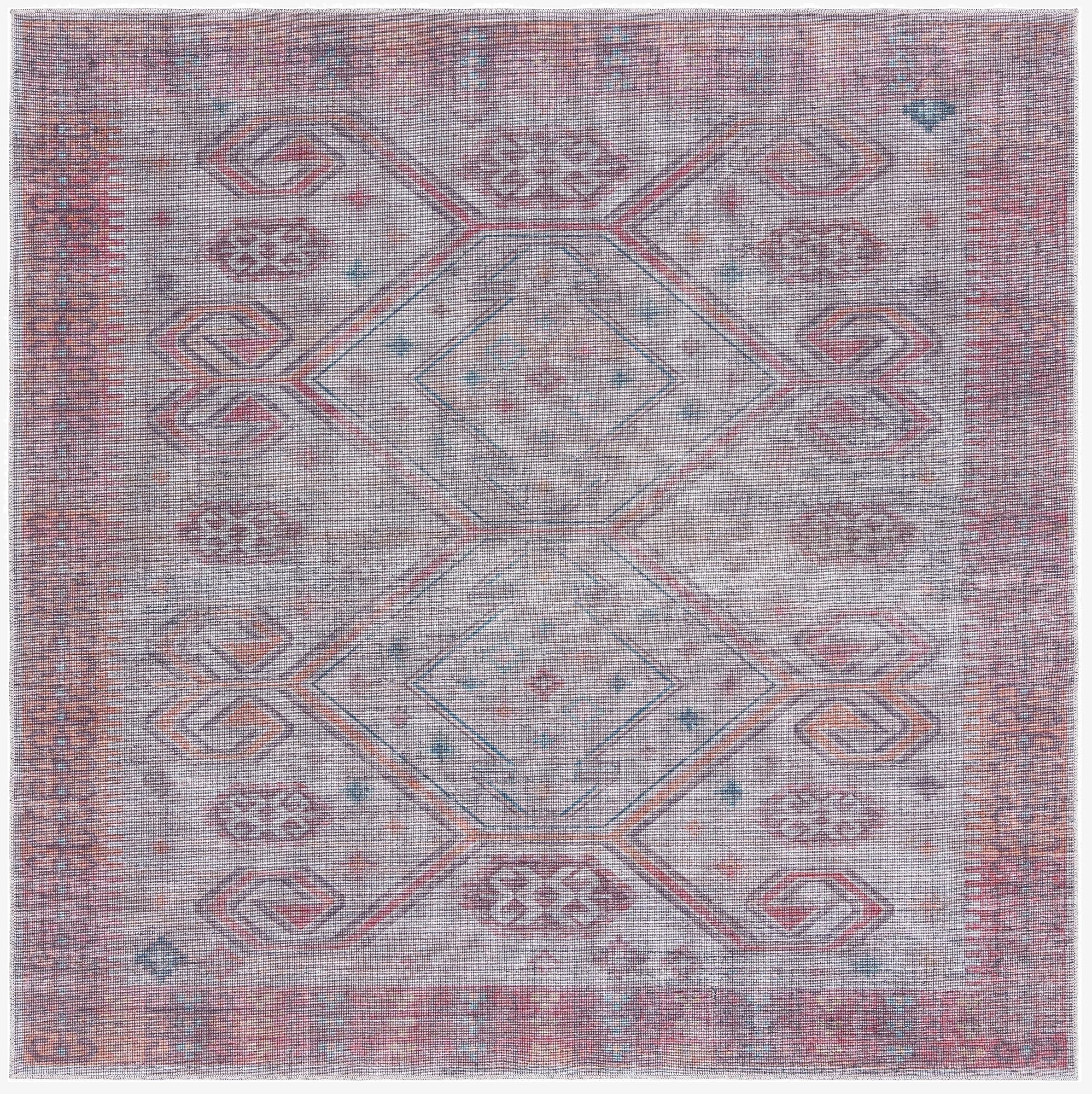 A 7' 10 x 7' 10 square Sisu rug featuring a faded rust red and beige Southwestern tribal pattern.