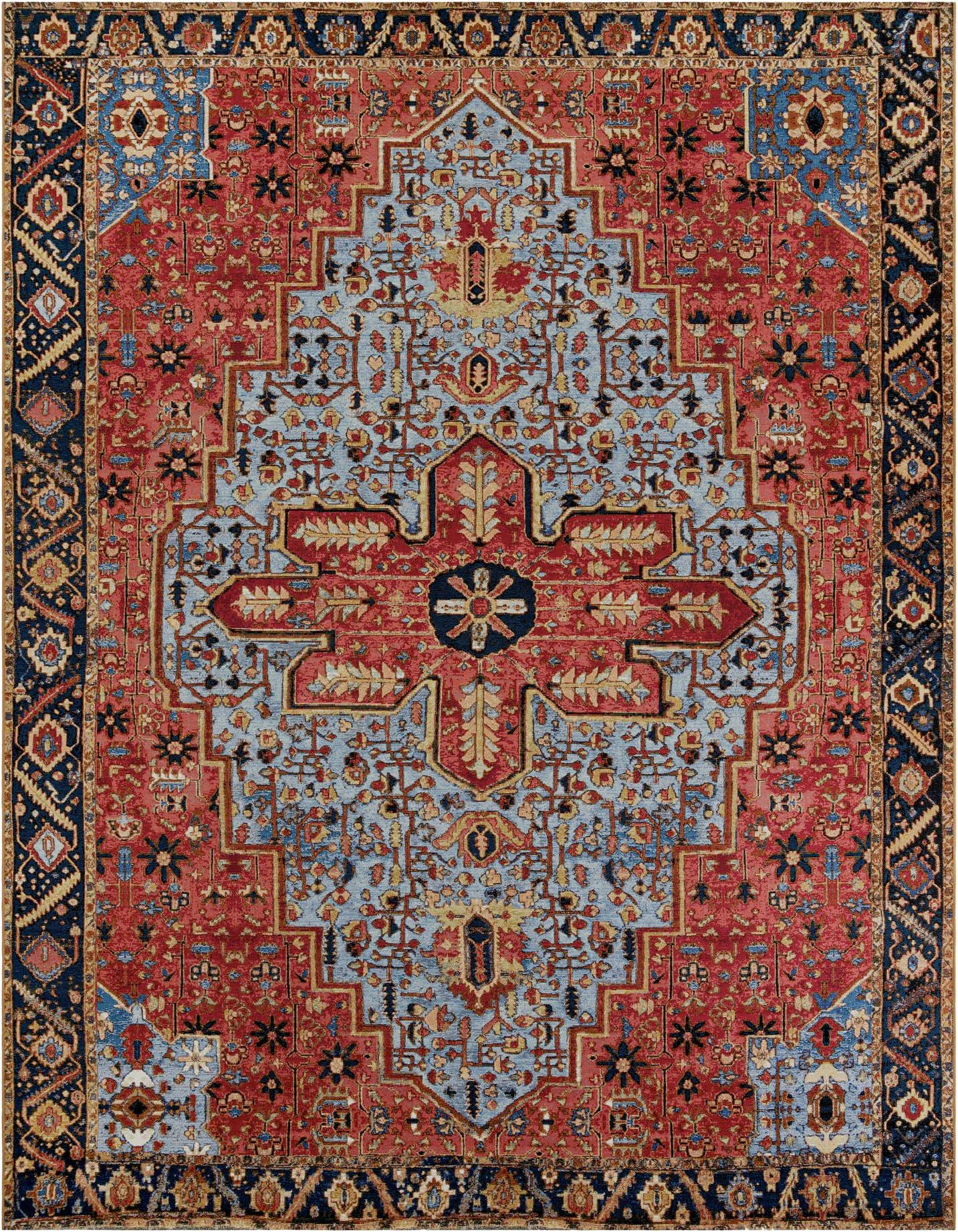 A 10x14 rectangular indoor/outdoor rug featuring a traditional Oriental medallion pattern in rust red, light blue, and navy, with intricate floral and geometric details.