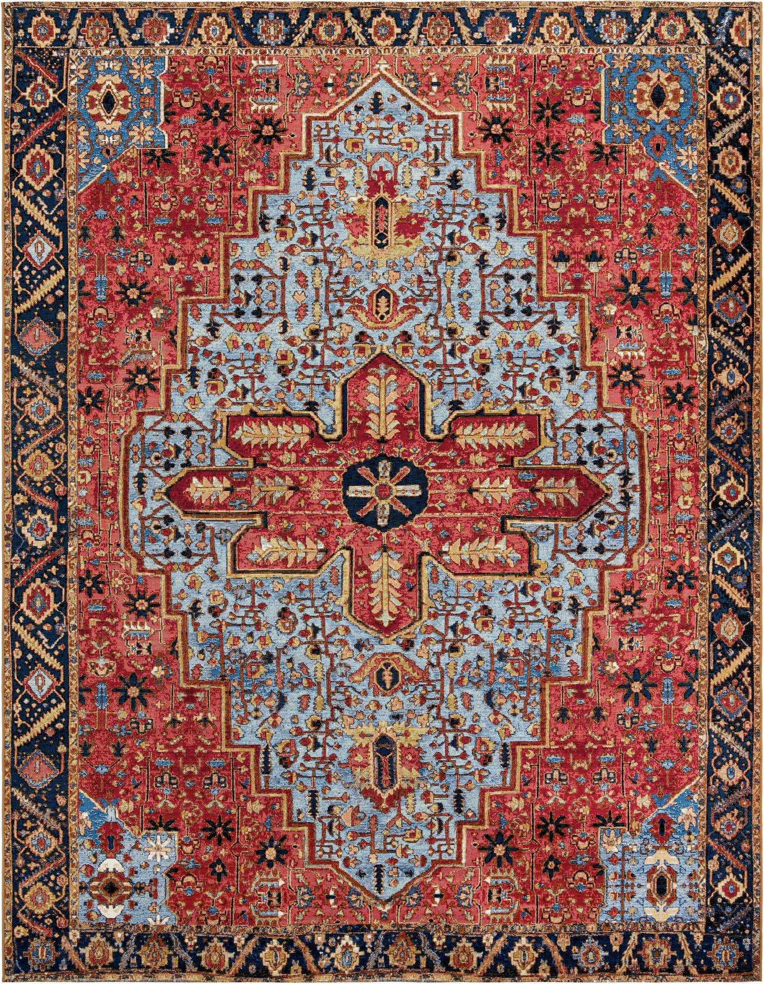 A 9x12 rectangular Rust Red and Blue Oriental rug with a central medallion and intricate floral patterns, suitable for indoor or outdoor use.