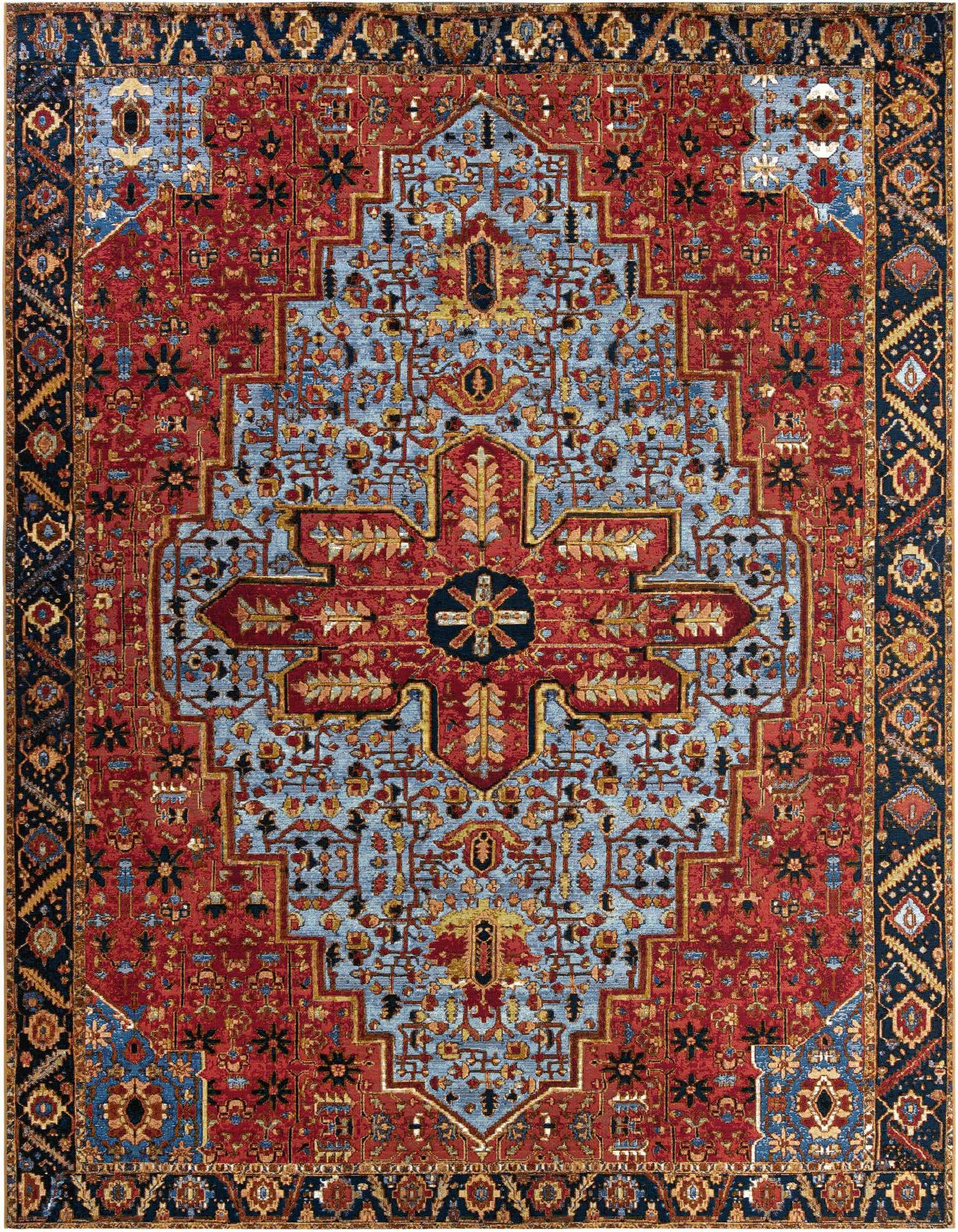A 10x13 rectangular indoor/outdoor rug featuring a traditional medallion pattern in rust red, light blue, and navy.
