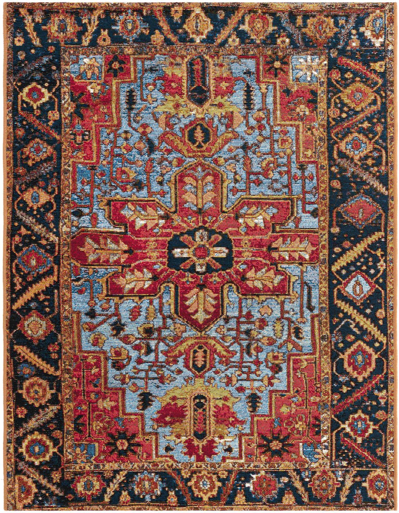 A 3x5 rectangular Rugs.com Outdoor Traditional rug featuring a rust red and blue oriental pattern with gold accents.