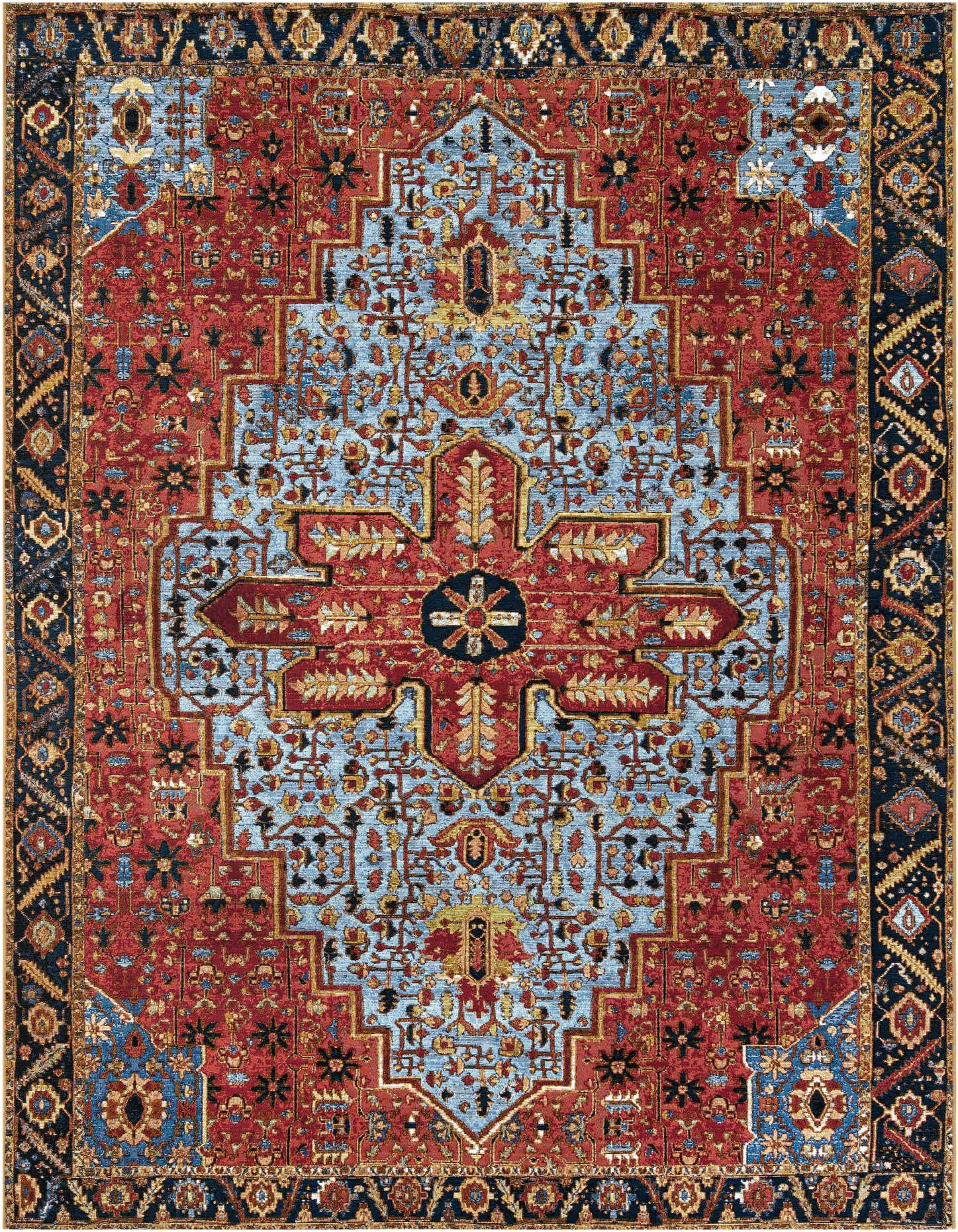 An 8x11 rectangular indoor/outdoor rug featuring a traditional medallion pattern in rust red, light blue, and navy.