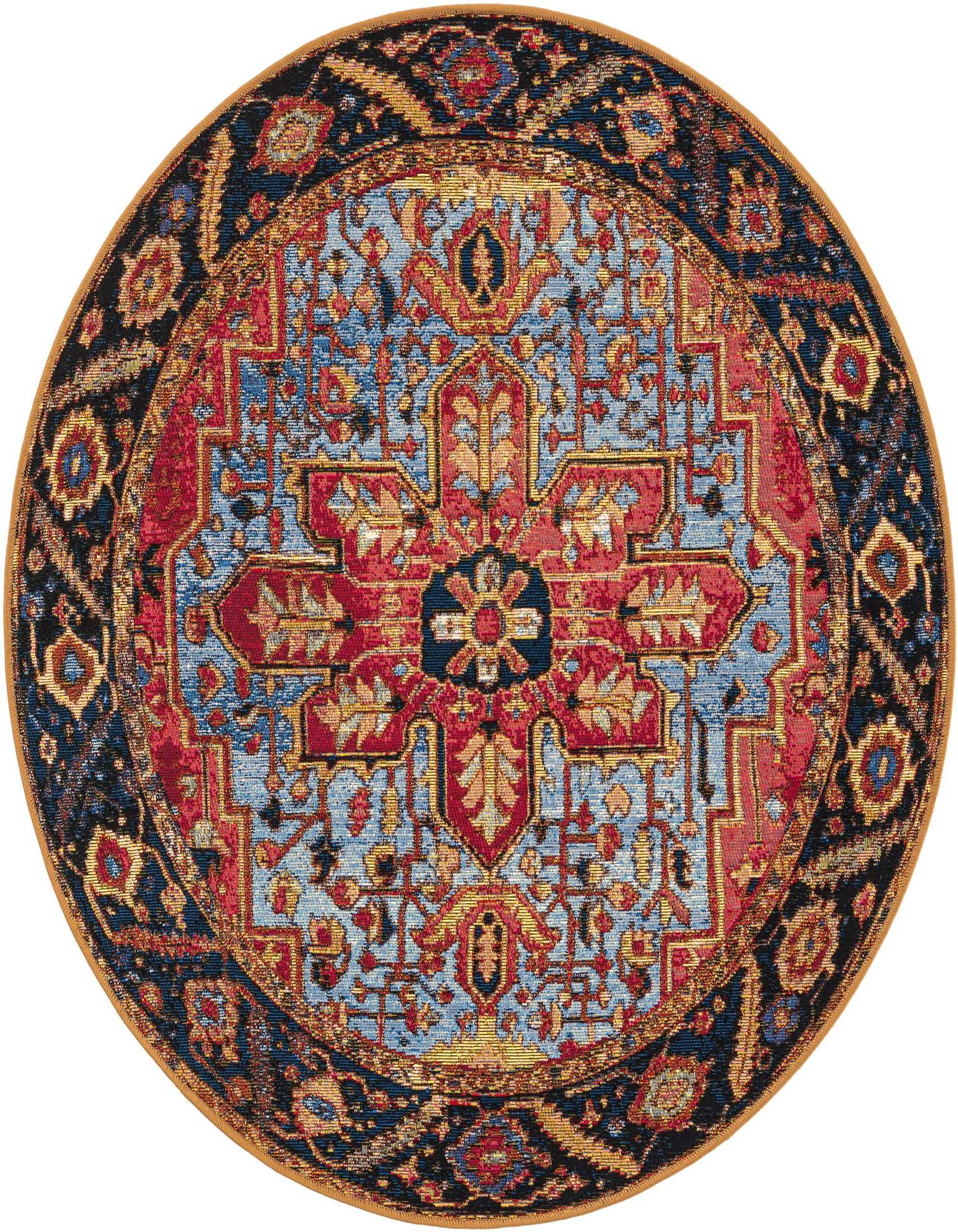 A 4' round Rust Red and Blue Modern rug with a traditional medallion pattern, ideal for a patio or indoor space.
