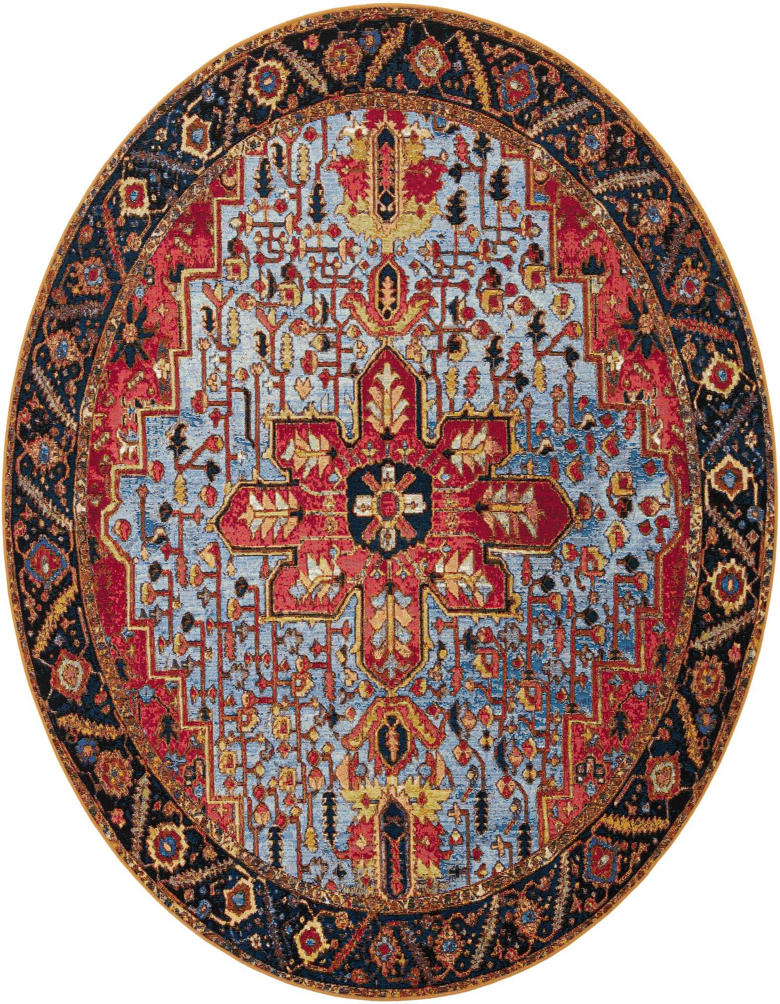 A round 7'10" Rust Red and Blue Modern rug with a central medallion and intricate border, suitable for indoor/outdoor use.