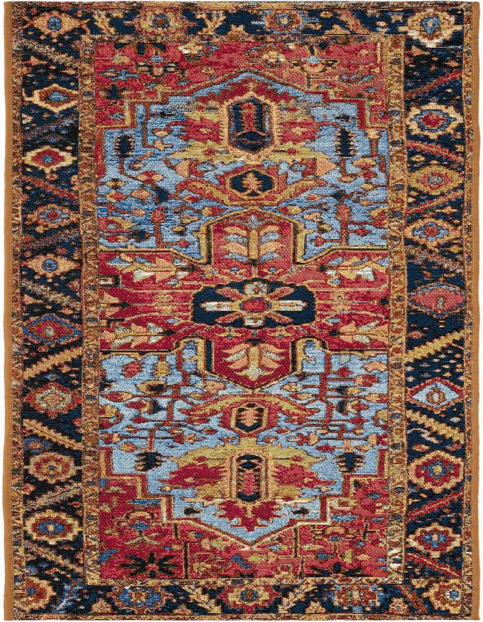 A 5 ft runner rug with a traditional Oriental medallion pattern in rust red, blue, and gold, suitable for a hallway or patio.