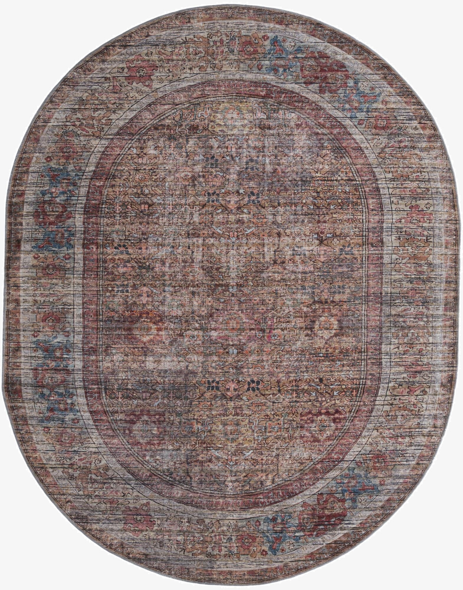 An oval 7' 10 x 10' 0 Nostalgia rug in rust red and brown, featuring a traditional floral pattern with a vintage distressed look.