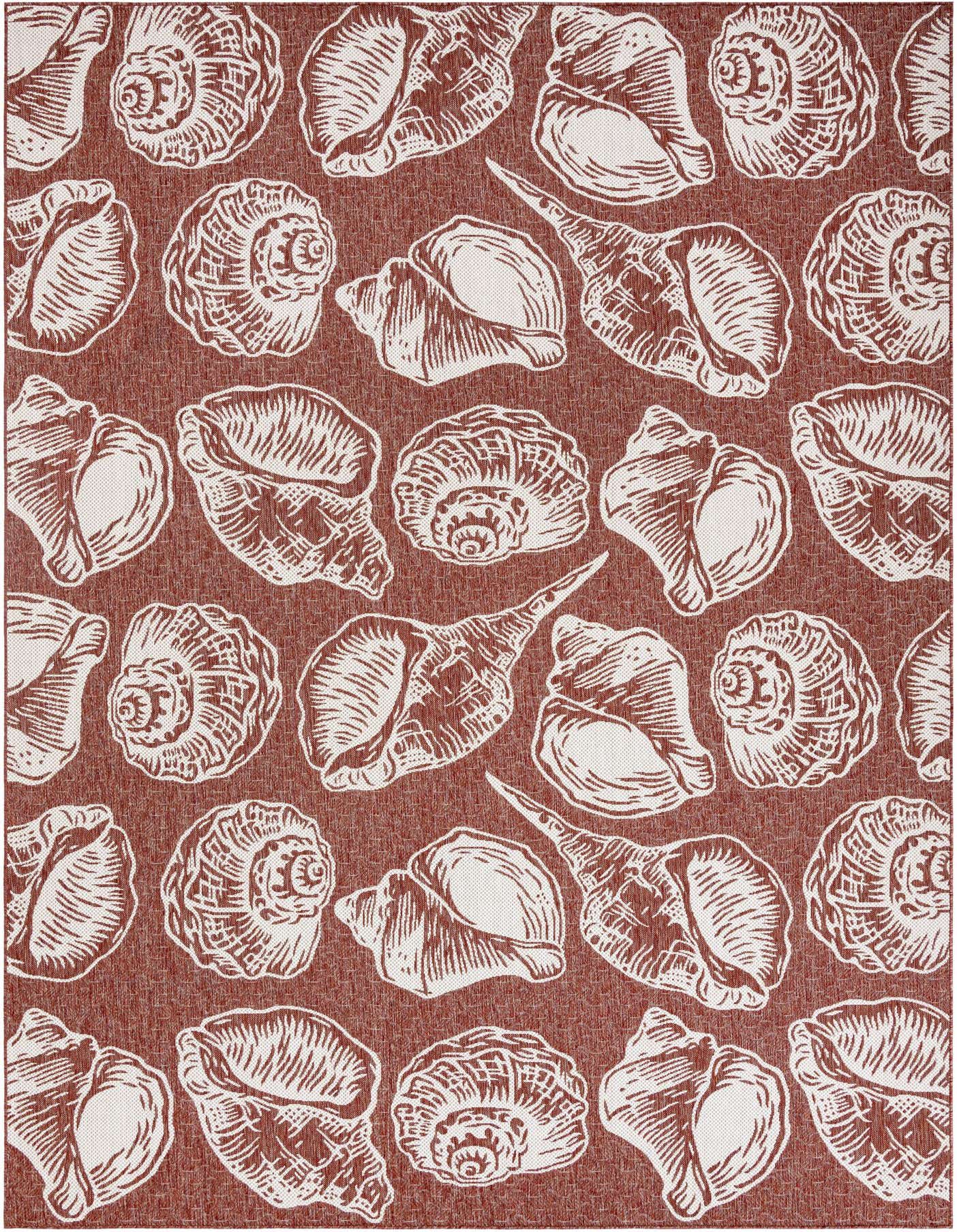A 10x14 rectangular rust red and ivory outdoor rug with a modern seashell pattern, ideal for a patio.