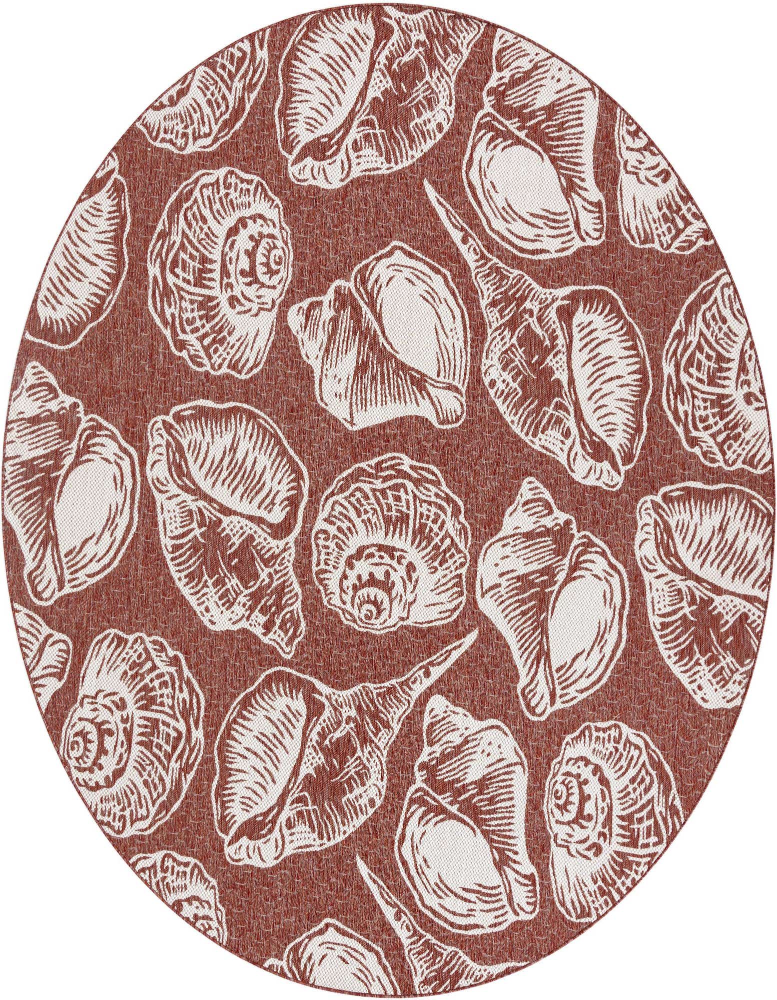 A 10' round rust red and ivory rug featuring a modern seashell pattern, suitable for a patio.