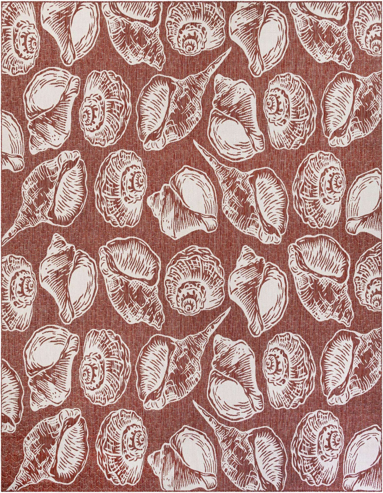 A 13' square Rust Red and Ivory outdoor rug with a modern beach/nautical seashell pattern, ideal for a patio.