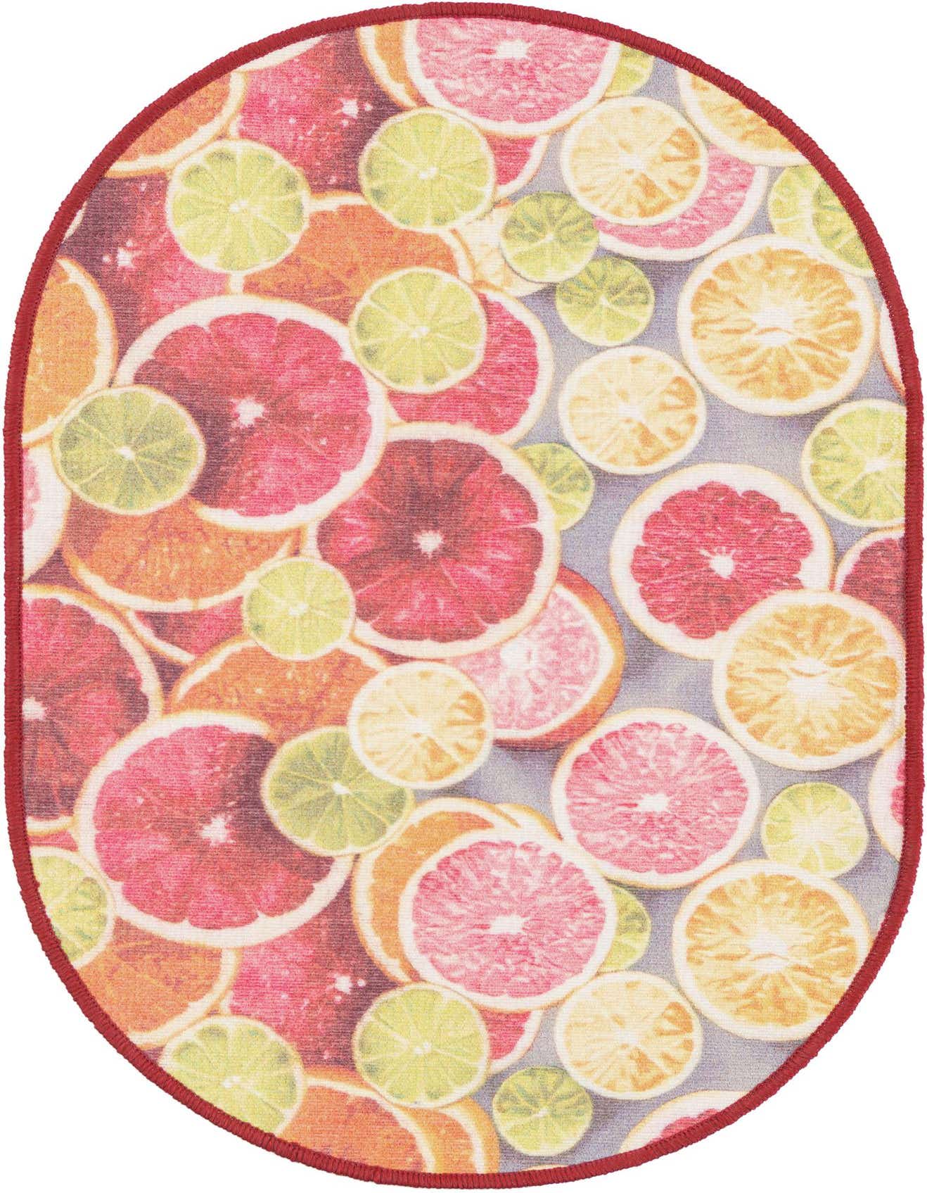 An oval rug featuring a vibrant, modern pattern of sliced citrus fruits in shades of red, pink, orange, and lime green on a light grey background, with a rust red border.