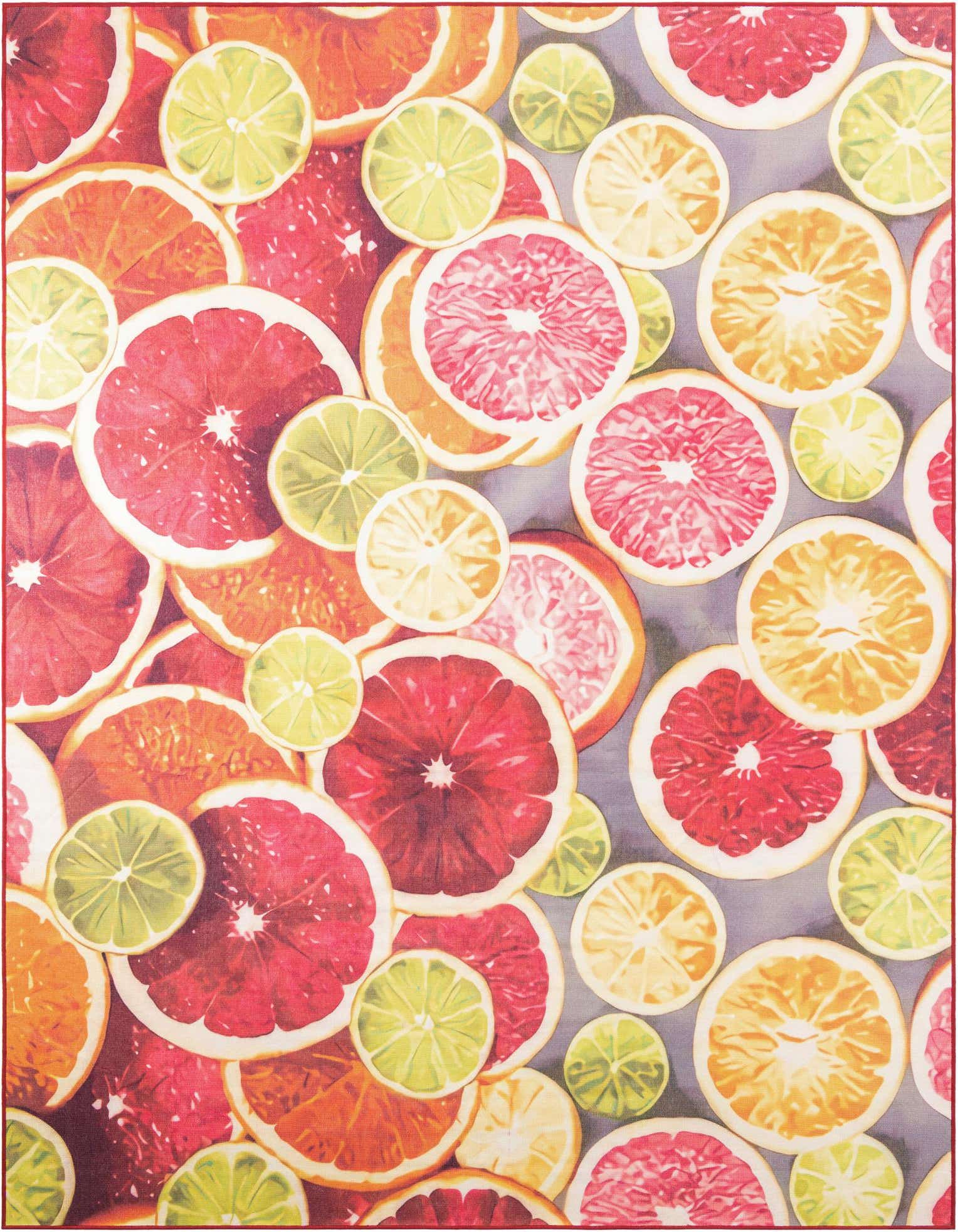 A 9x12 rectangular rug featuring a vibrant, modern pattern of sliced citrus fruits in shades of rust red, orange, and yellow-green.