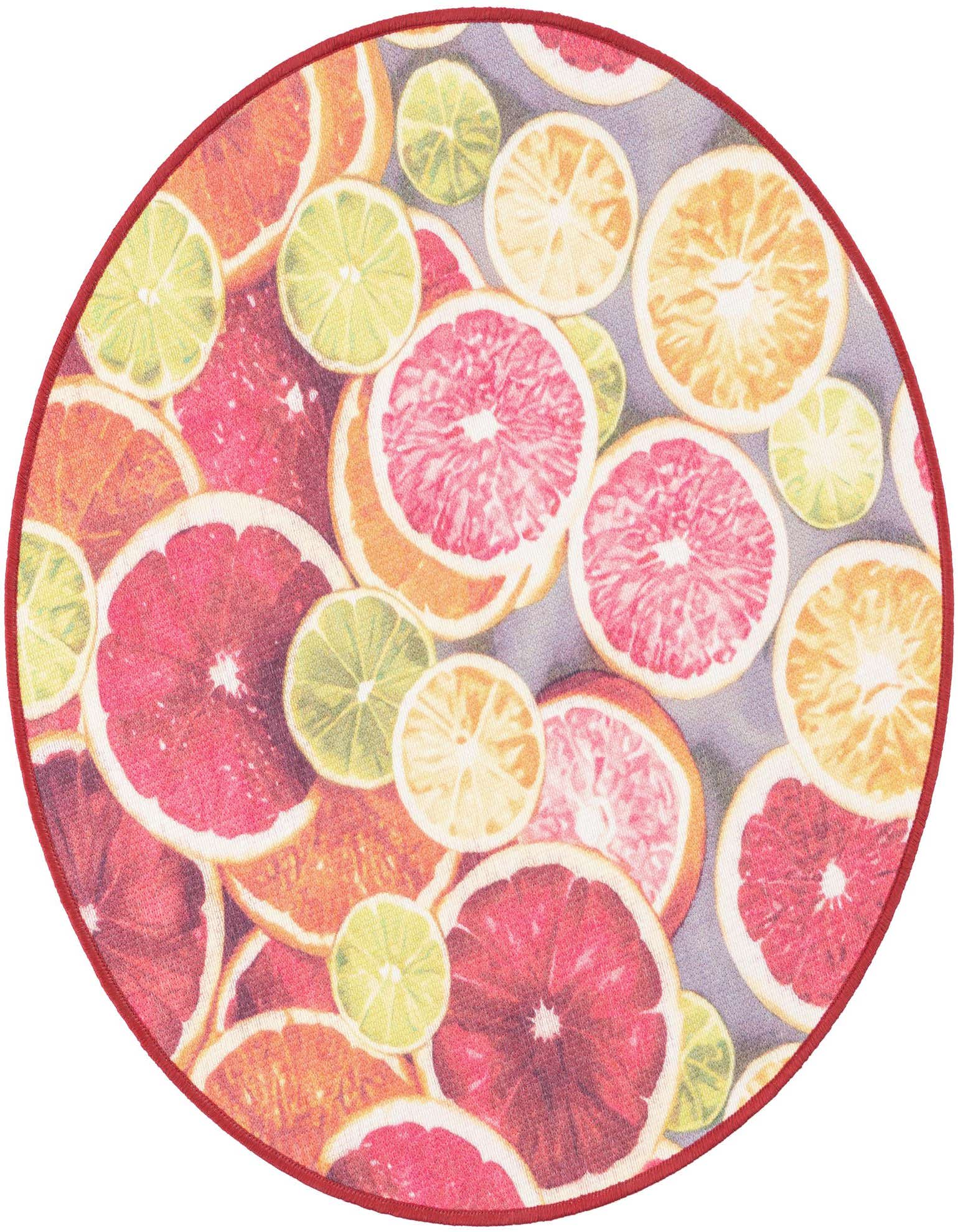 A round rug featuring a vibrant, modern pattern of sliced grapefruits, oranges, and limes in shades of rust red, yellow, and green, perfect for a patio.