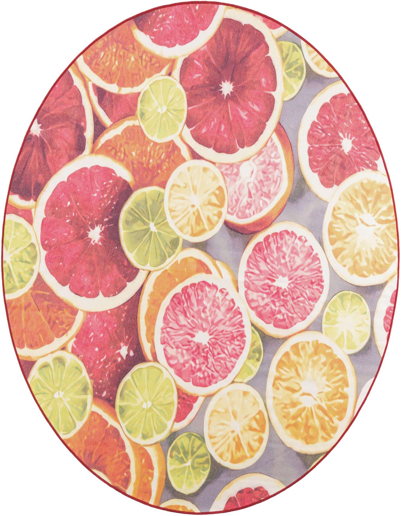 A round rug featuring a vibrant, modern pattern of sliced grapefruits, oranges, and limes in rust red, yellow, and green.