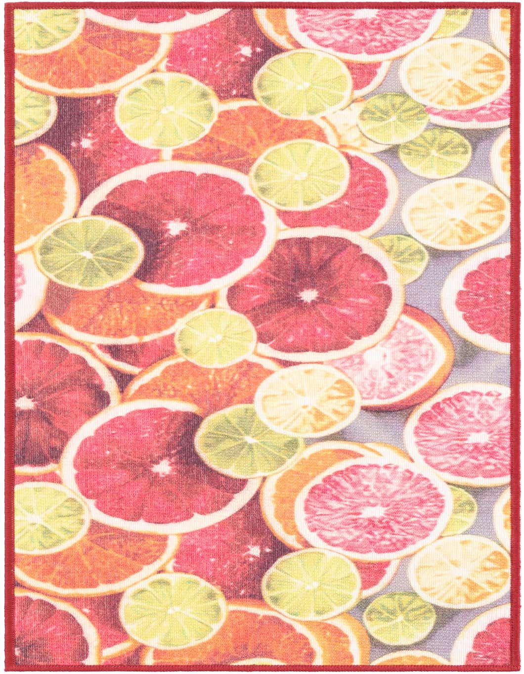 A vibrant 4 ft runner rug featuring a modern pattern of sliced grapefruits, oranges, and limes in rust red, orange, and yellow hues, with a red border.