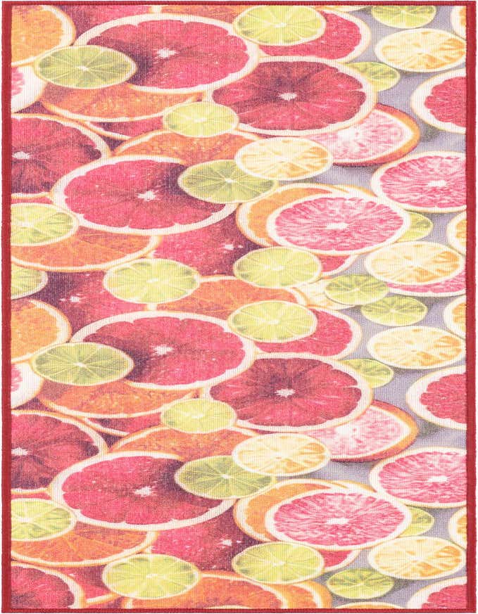 A 6 ft runner rug featuring a vibrant, modern pattern of sliced grapefruit, oranges, and limes in rust red, orange, and yellow.