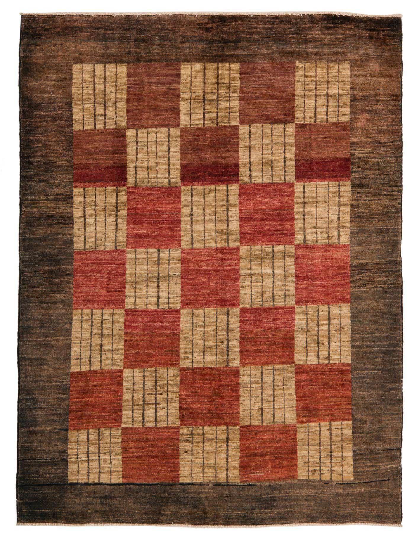 A 4x6 rectangular Modern Ziegler rug featuring a rust red and beige checkerboard pattern with a dark brown border.