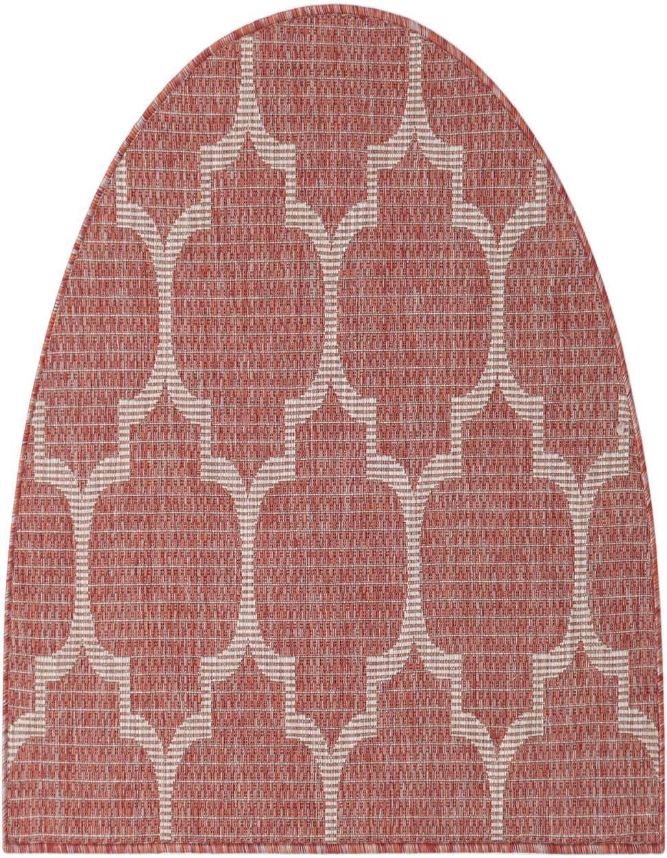 A 2' 7 x 4' 0 hearth-shaped indoor/outdoor rug in shades of orange and red with a cream modern trellis pattern.