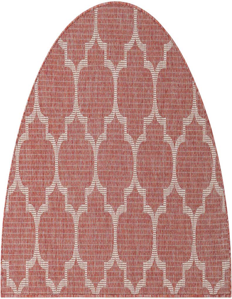 A 3'x6' hearth-shaped outdoor rug in shades of orange and red, featuring a modern trellis pattern.