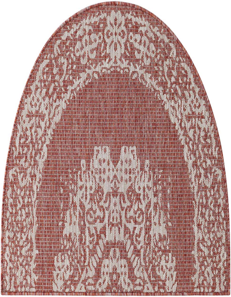 A 2' 7 x 4' 0 hearth-shaped rug in shades of orange and red with a white medallion and floral border pattern, suitable for indoor or outdoor use.