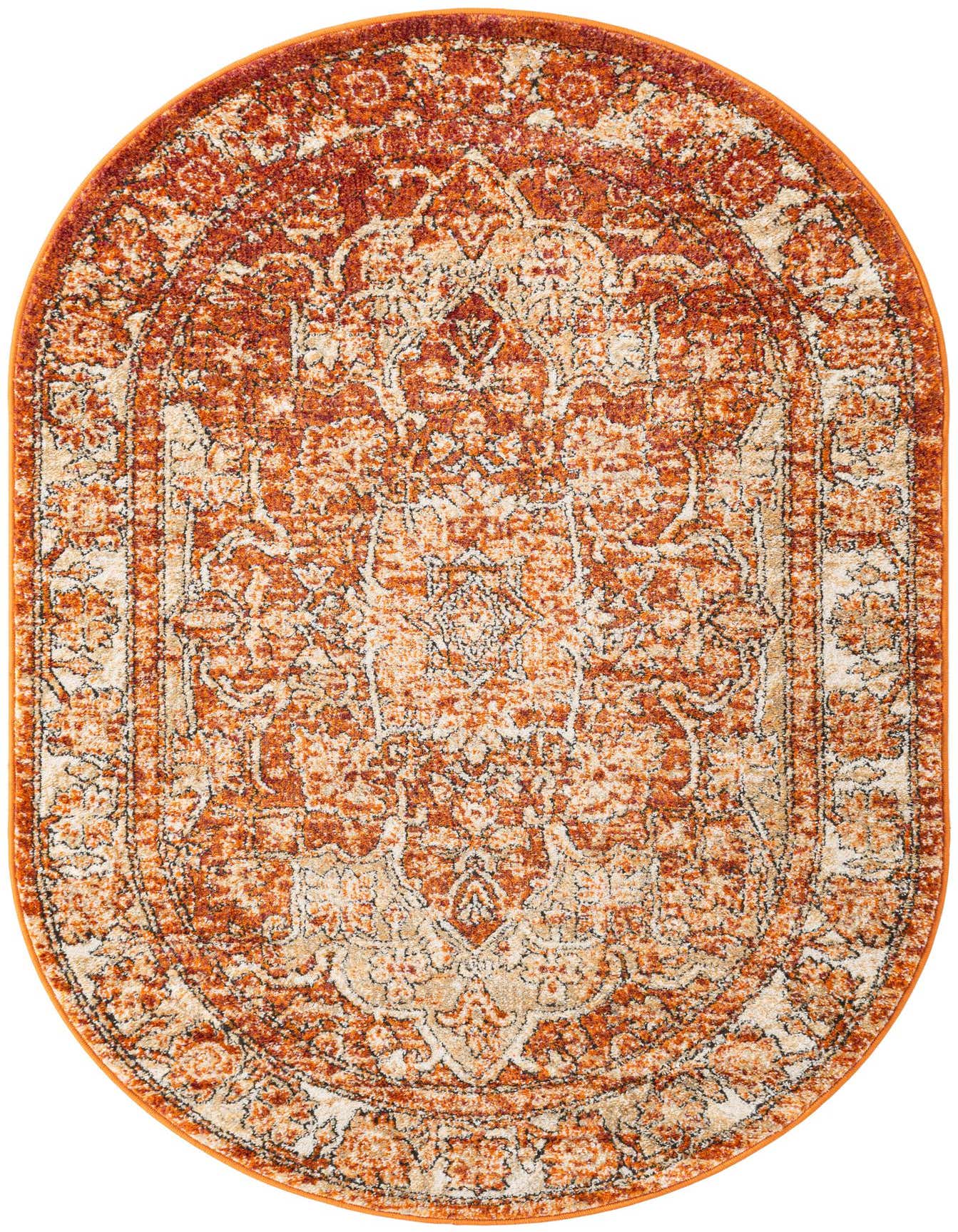A 4'x6' oval orange and red traditional area rug with a vintage medallion pattern and textured high-low pile.