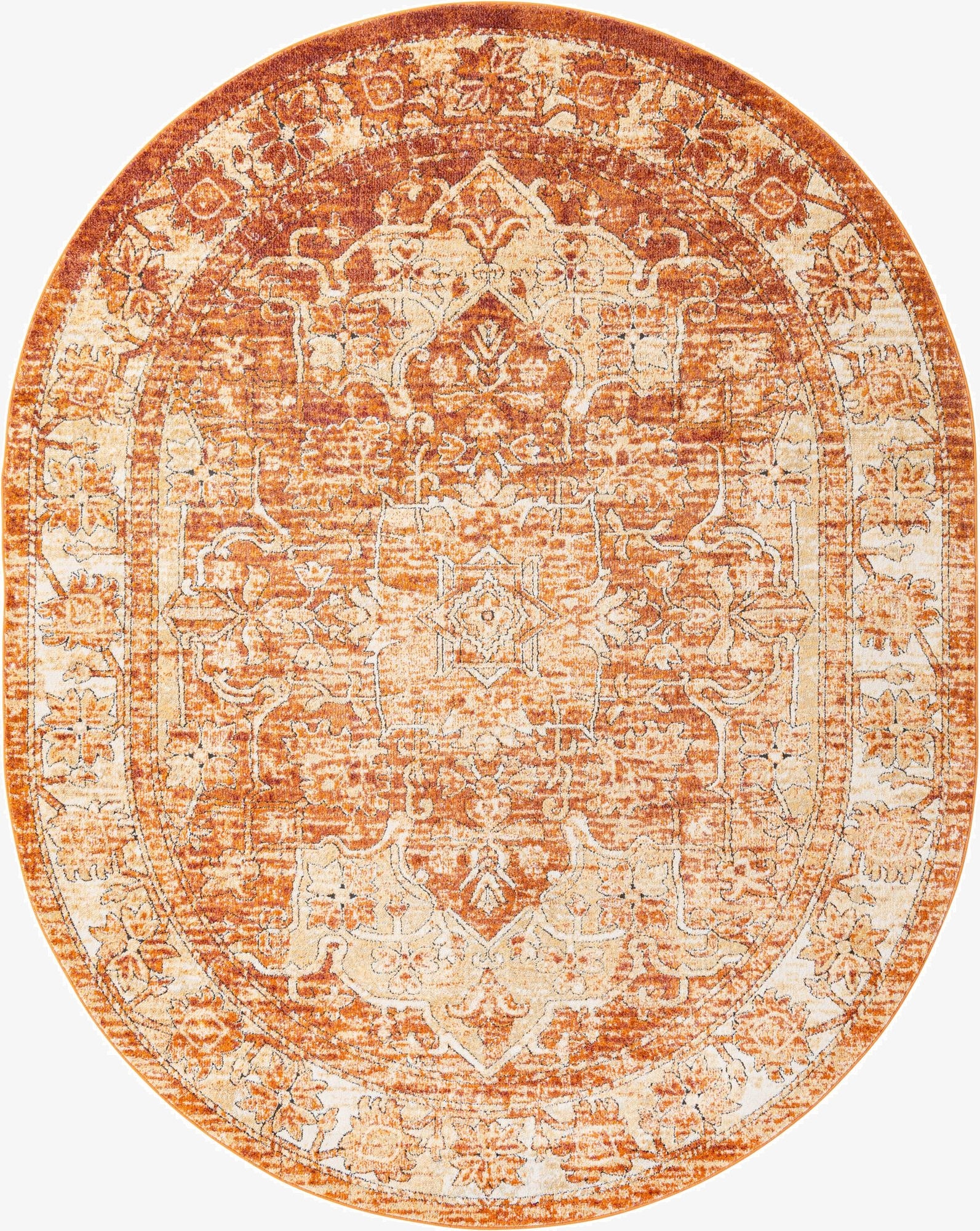 An oval 7'10" x 10'0" Isabella Collection rug in distressed orange and cream with a traditional medallion pattern.