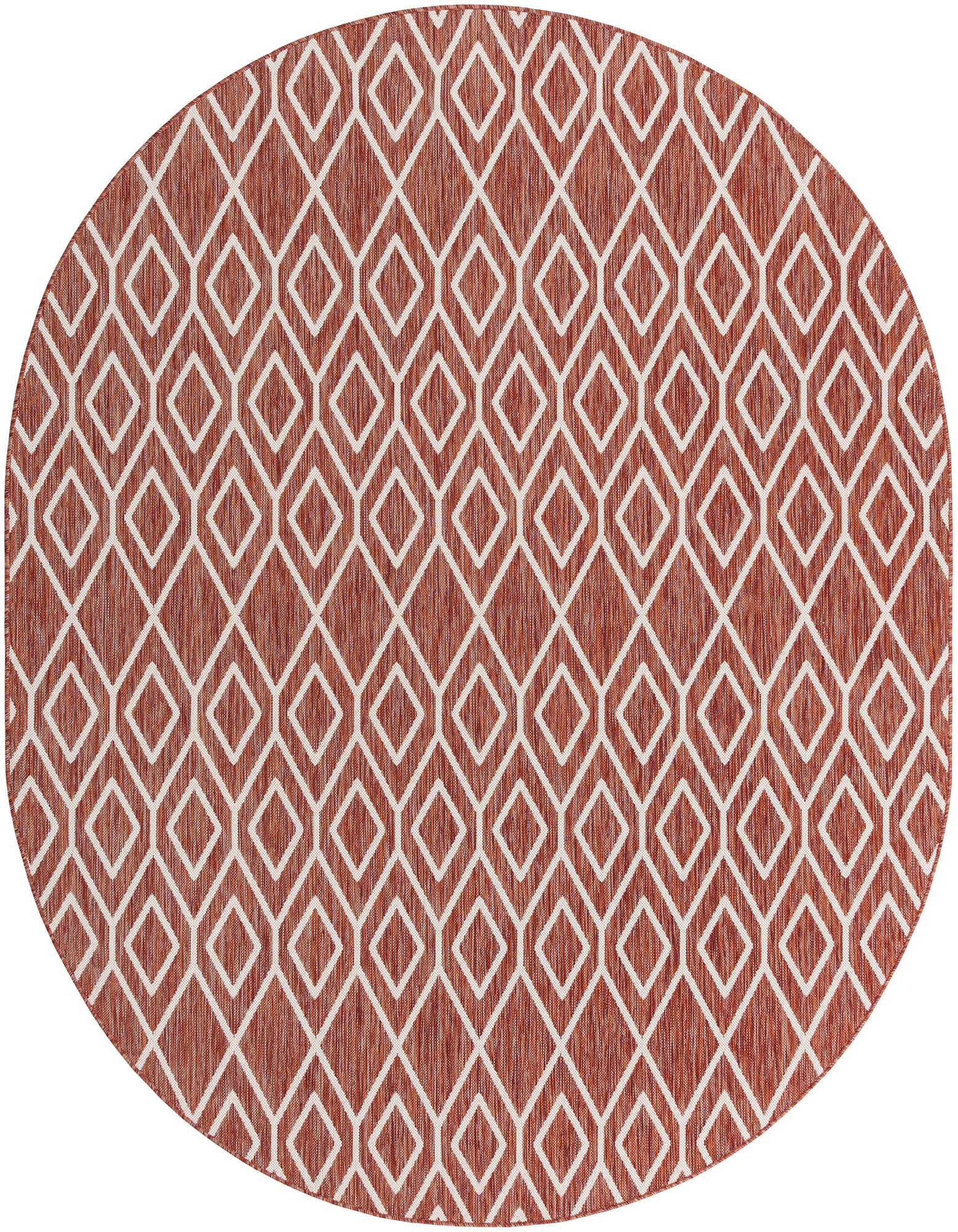 An oval 7' 10 x 10' 0 Jill Zarin Outdoor rug in shades of orange and red, featuring a modern tribal trellis pattern, suitable for a patio.