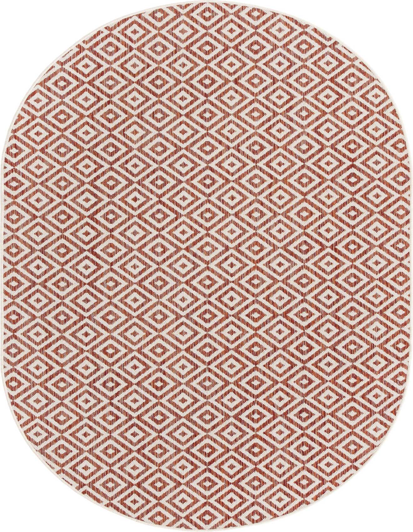 An oval 5'3" x 8'0" Jill Zarin Outdoor rug featuring a repeating orange and red trellis pattern on a textured cream background, suitable for a patio.
