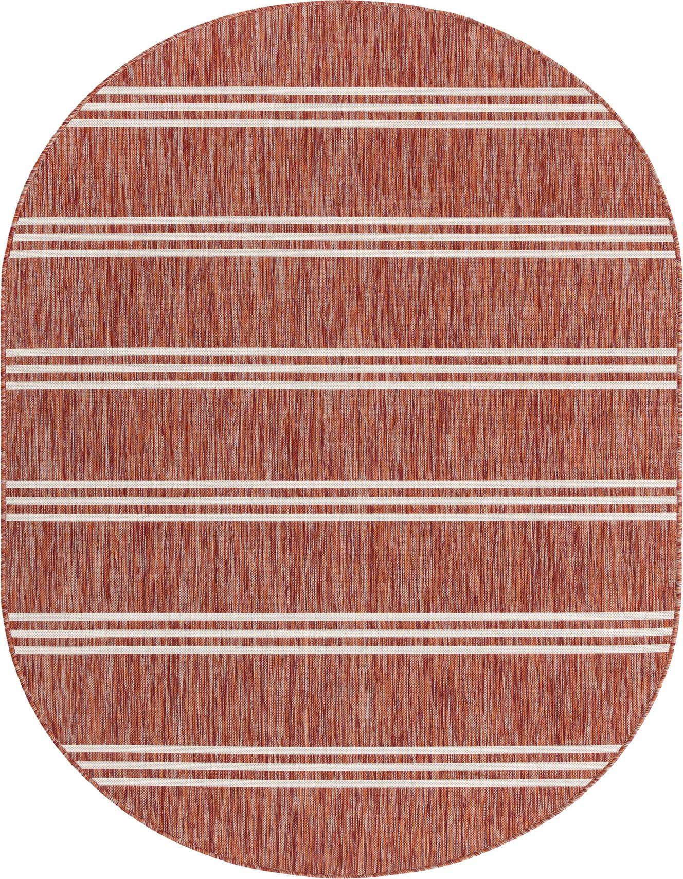 An oval 5'3" x 8'0" orange and red striped flatweave rug, suitable for indoor or outdoor use.