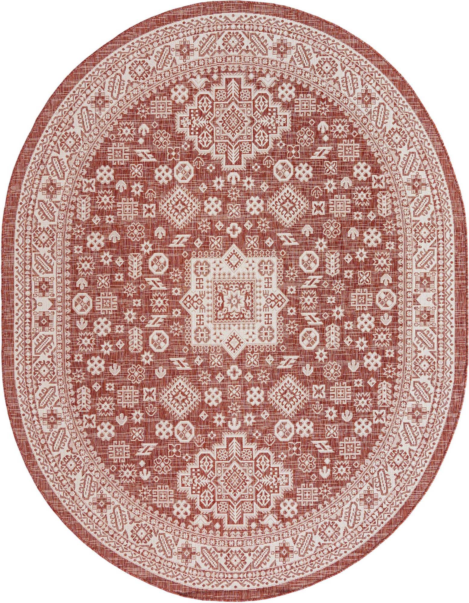 An oval 7' 10 x 10' 0 orange and red Southwestern rug with a detailed tribal pattern, suitable for a patio.