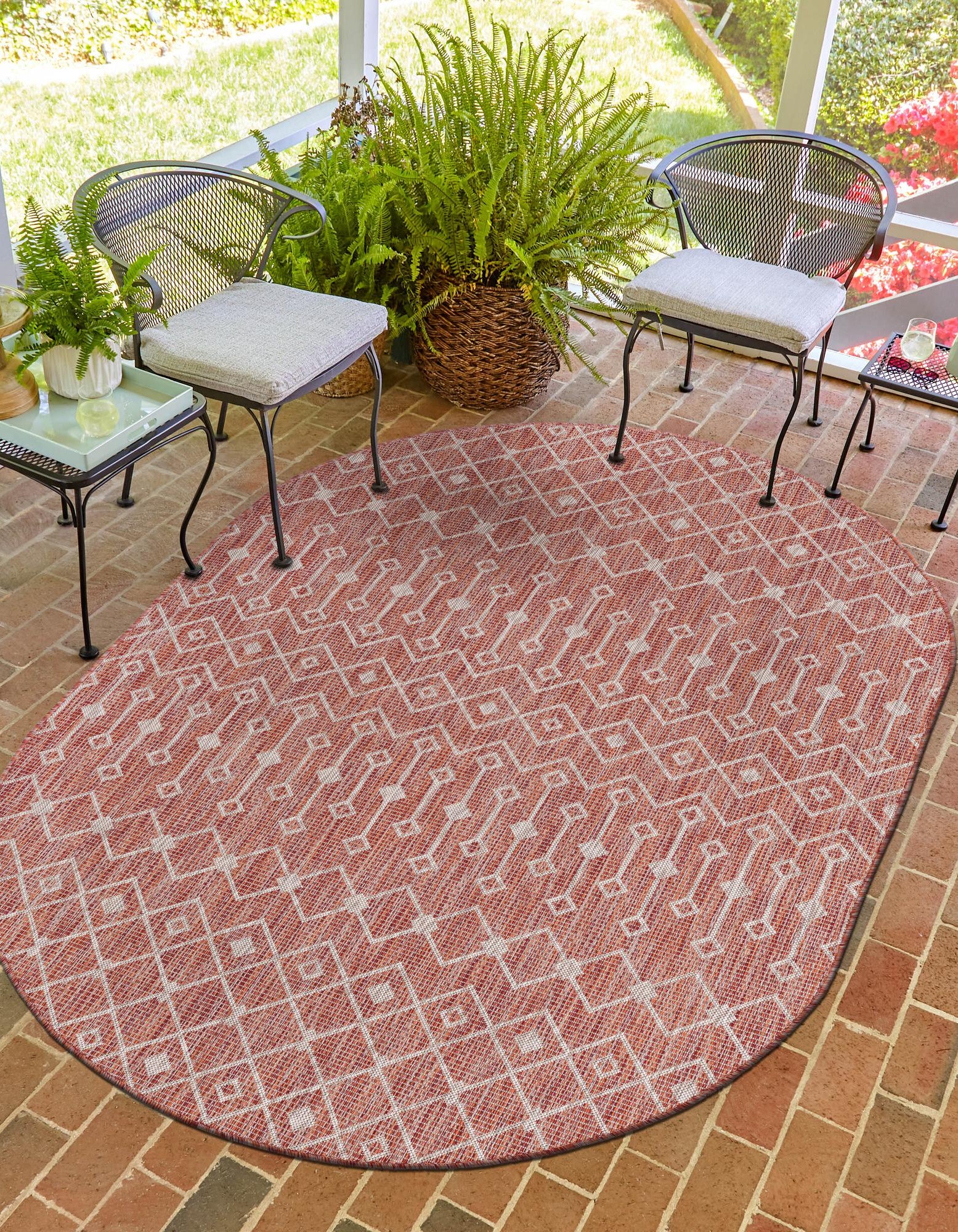 Rust Red 5' 3 x 8' Lattice Indoor / Outdoor Oval Rug | Rugs.com