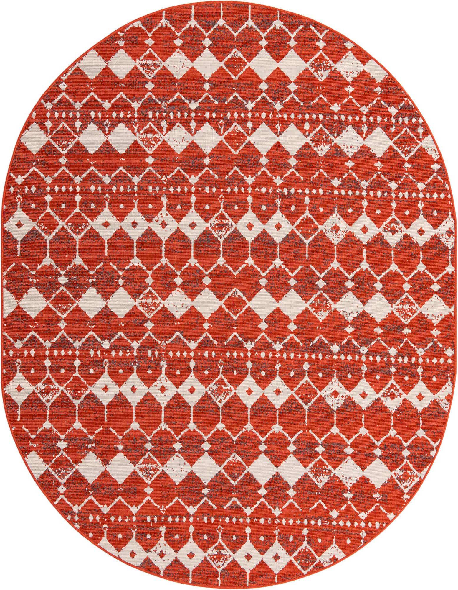 An oval 7' 10 x 10' 0 orange and red indoor/outdoor rug with a modern bohemian lattice pattern.